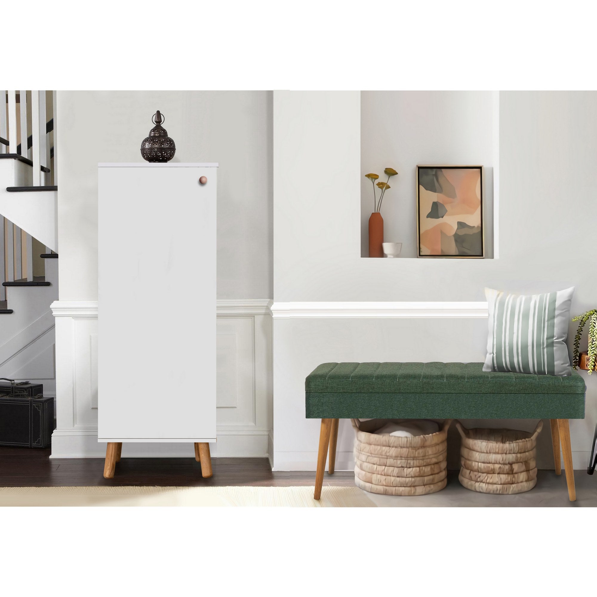 Conjunto de móveis elegantes para corredor, branco e verde, 100% revestido em melamina, 18 mm de espessura | Sapateira (50x135x38 cm) e banco (105x50x40 cm) com pés de madeira e tecido de linho