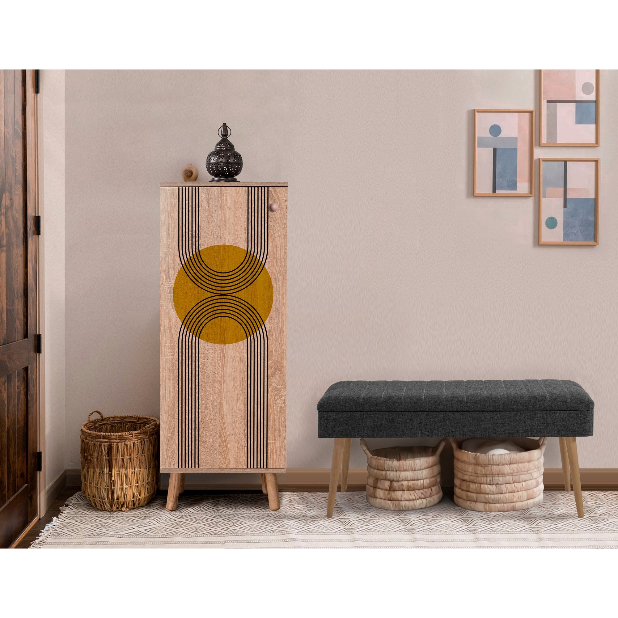 Conjunto de móveis elegantes para corredor, 100% aglomerado revestido em melamina, pernas de madeira, sapateira e banco, Sonomo/Antracite, perfeito para entrada