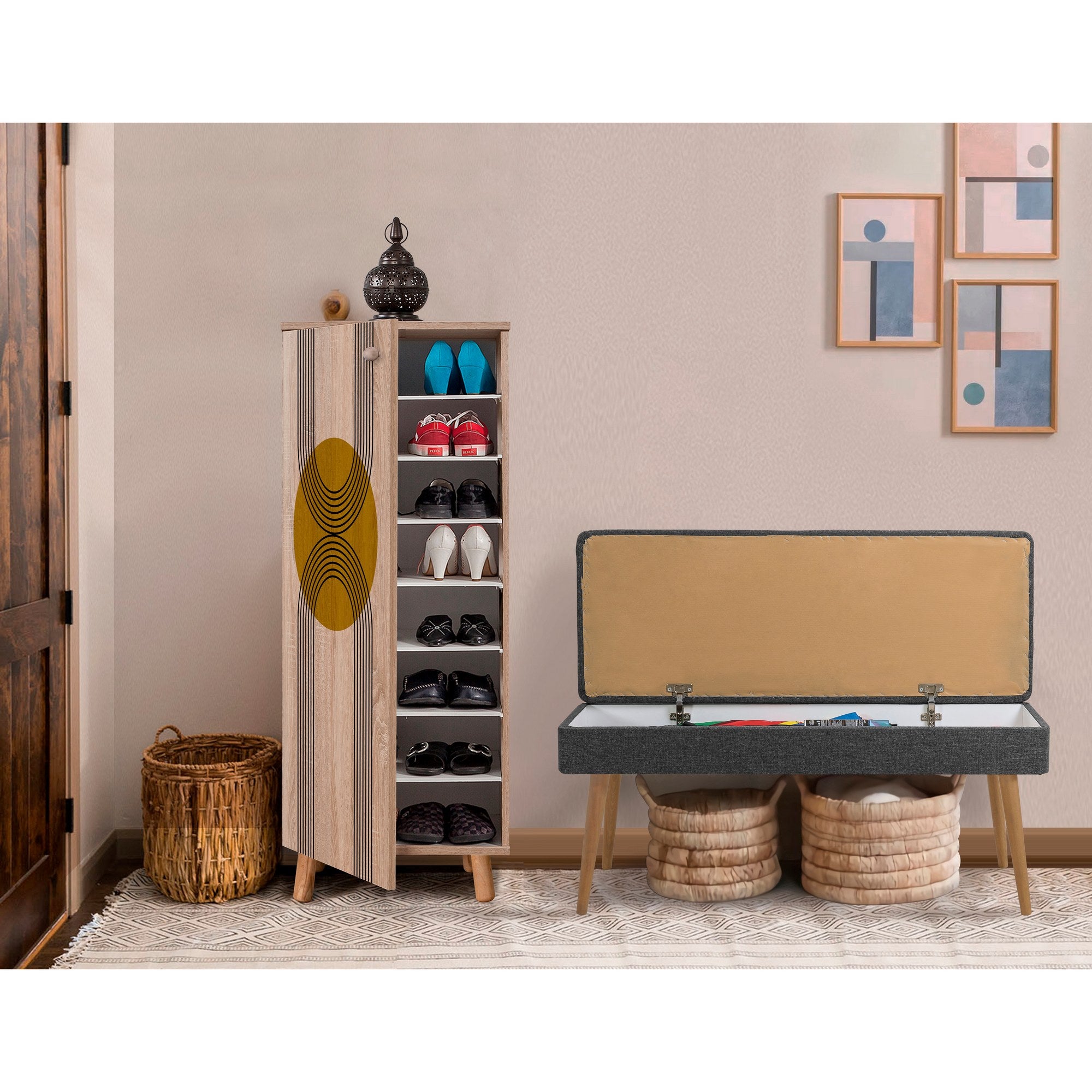 Conjunto de móveis elegantes para corredor, 100% aglomerado revestido em melamina, pernas de madeira, sapateira e banco, Sonomo/Antracite, perfeito para entrada