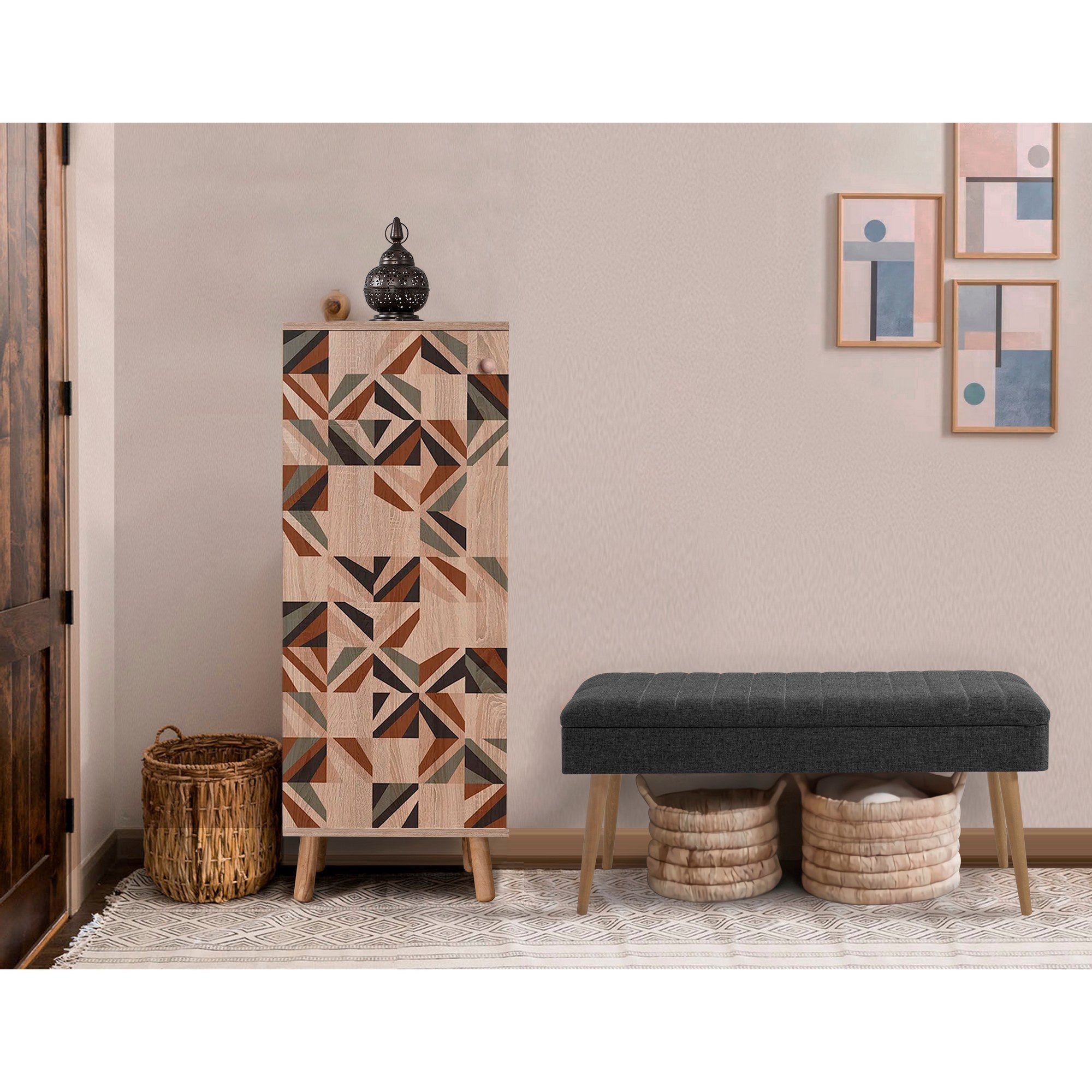 Conjunto de móveis elegantes para corredor, 100% aglomerado revestido em melamina, pernas de madeira, sapateira e banco, Sonomo/Antracite, perfeito para entrada