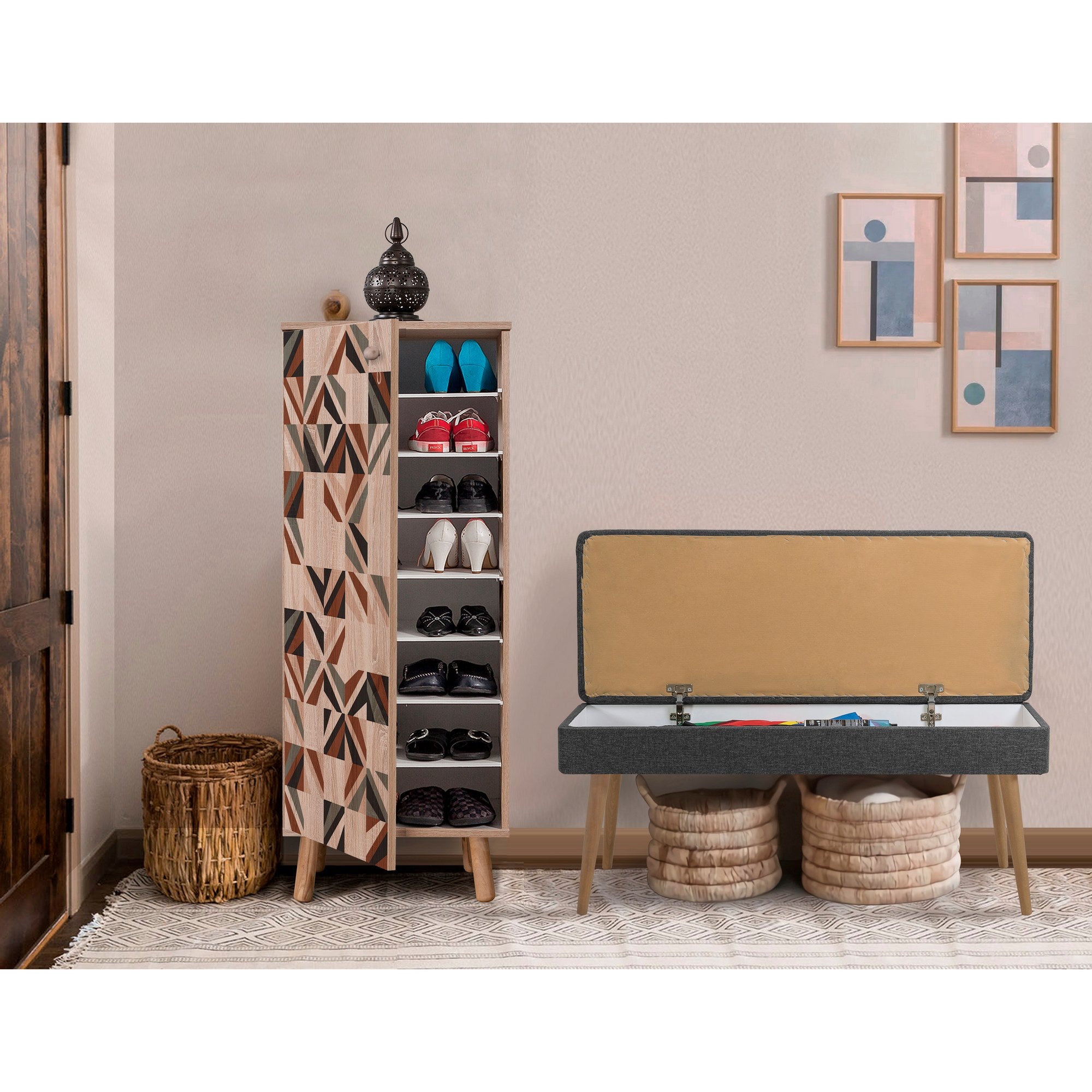 Conjunto de móveis elegantes para corredor, 100% aglomerado revestido em melamina, pernas de madeira, sapateira e banco, Sonomo/Antracite, perfeito para entrada