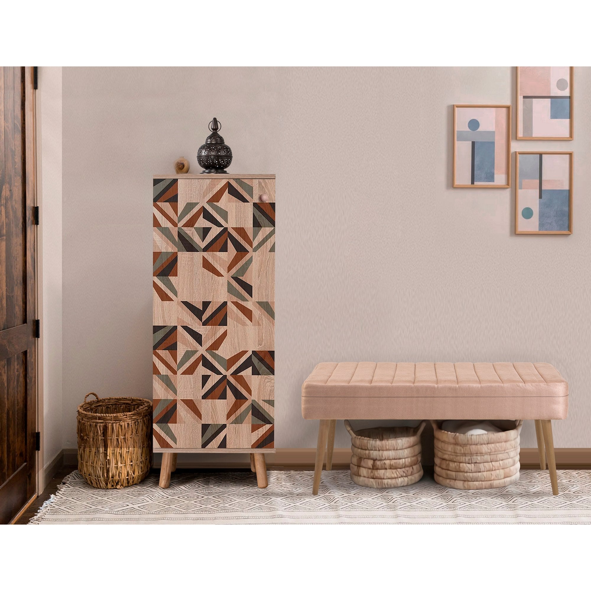 Conjunto elegante de móveis para corredor, 100% aglomerado revestido em melamina, pernas de madeira, banco e sapateira de veludo, cores Sonomo e pedra | Perfeito para entradas