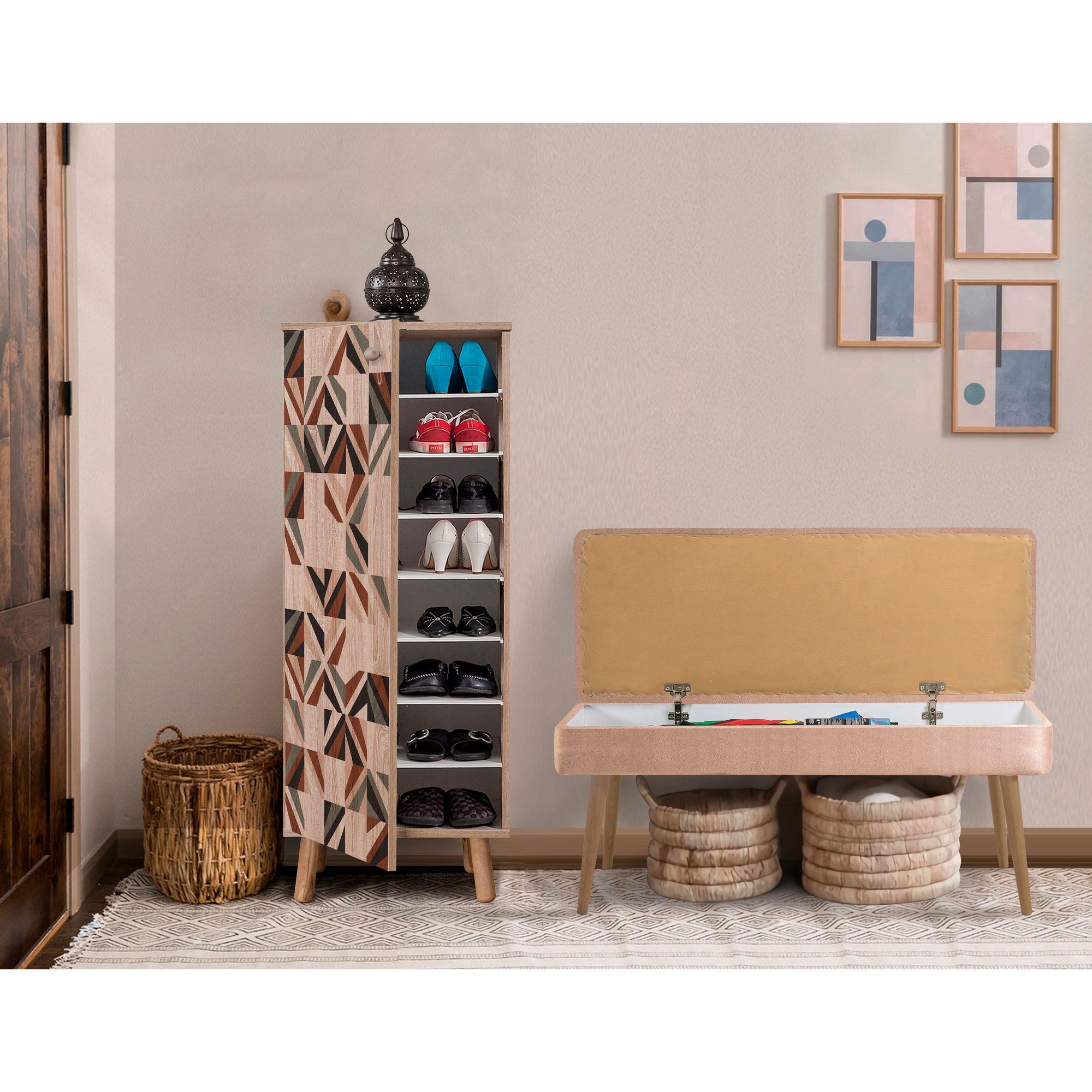 Conjunto elegante de móveis para corredor, 100% aglomerado revestido em melamina, pernas de madeira, banco e sapateira de veludo, cores Sonomo e pedra | Perfeito para entradas