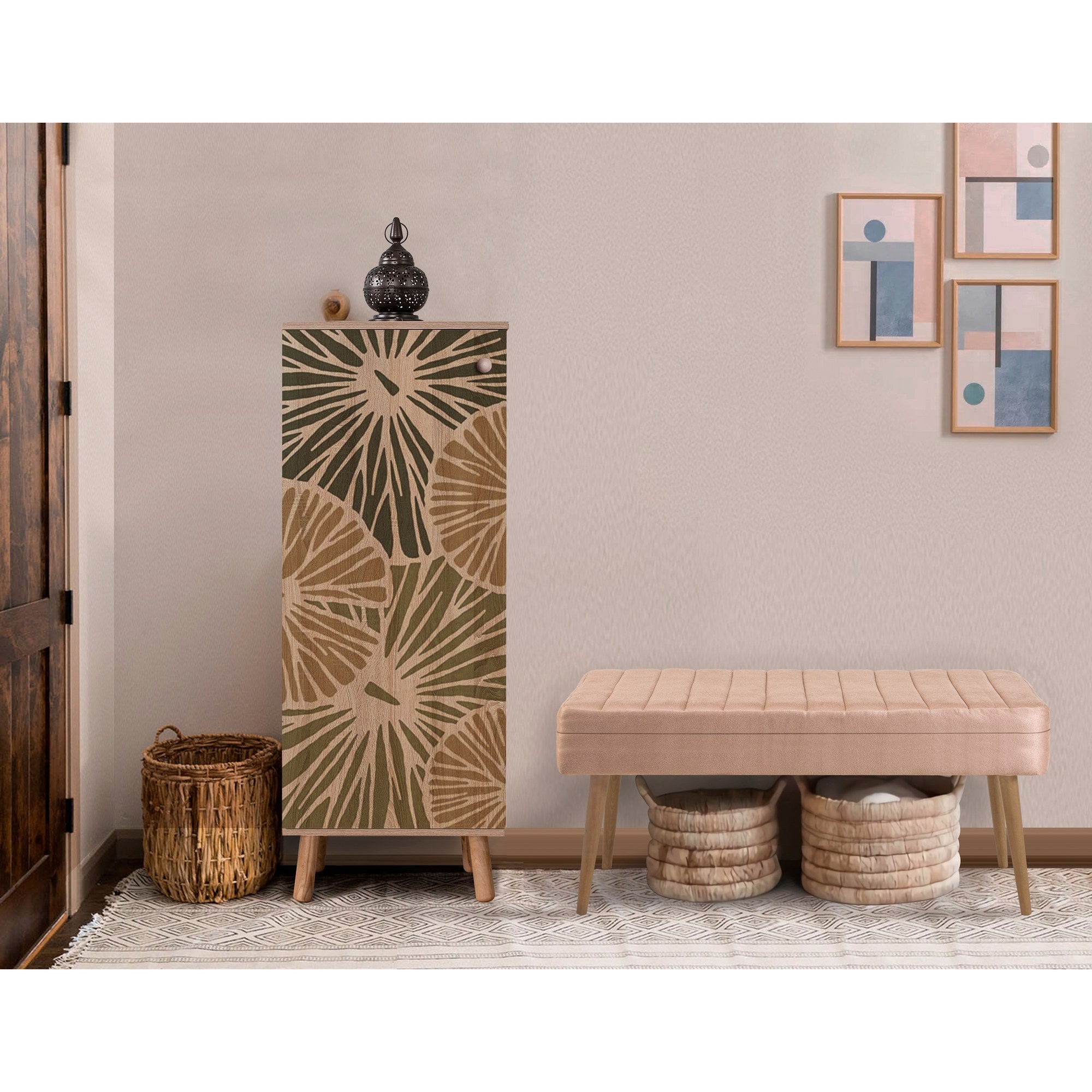 Conjunto elegante de móveis para corredor, 100% aglomerado revestido em melamina, pernas de madeira, banco e sapateira de veludo, cores Sonomo e pedra | Perfeito para entradas