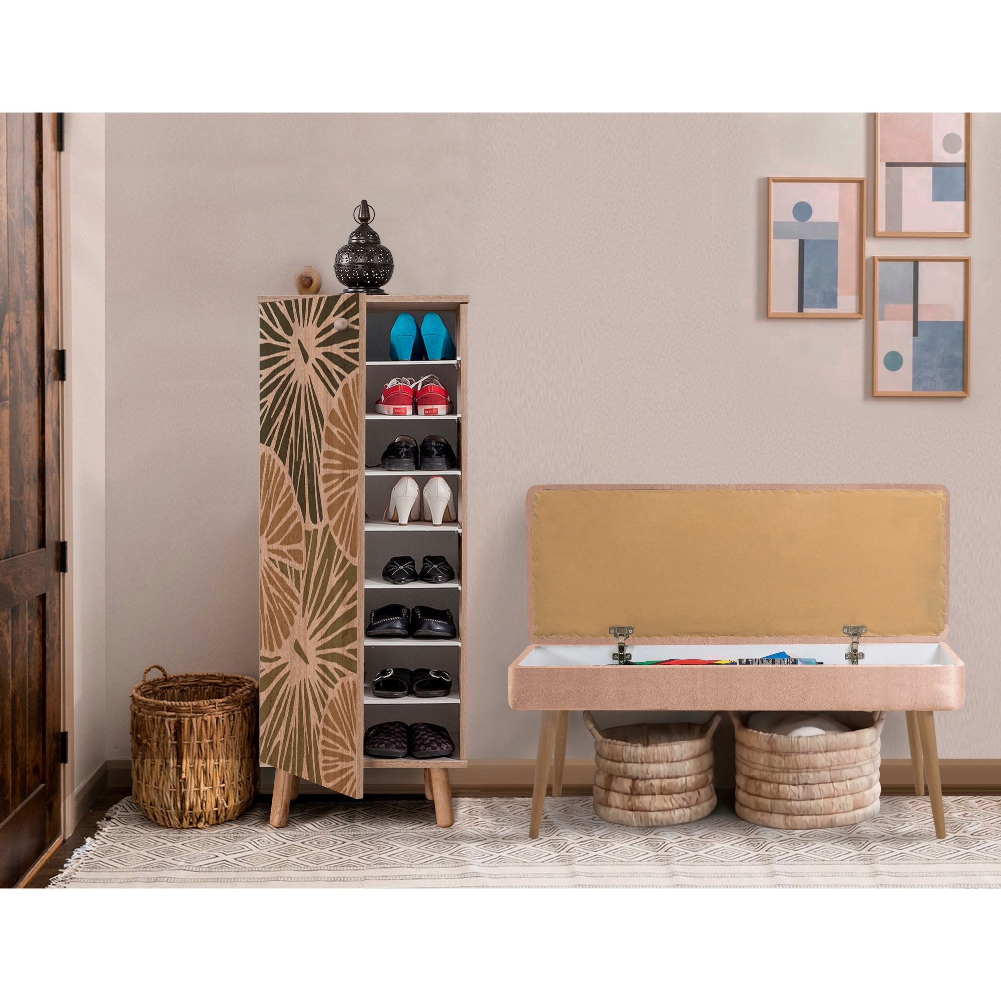 Conjunto elegante de móveis para corredor, 100% aglomerado revestido em melamina, pernas de madeira, banco e sapateira de veludo, cores Sonomo e pedra | Perfeito para entradas