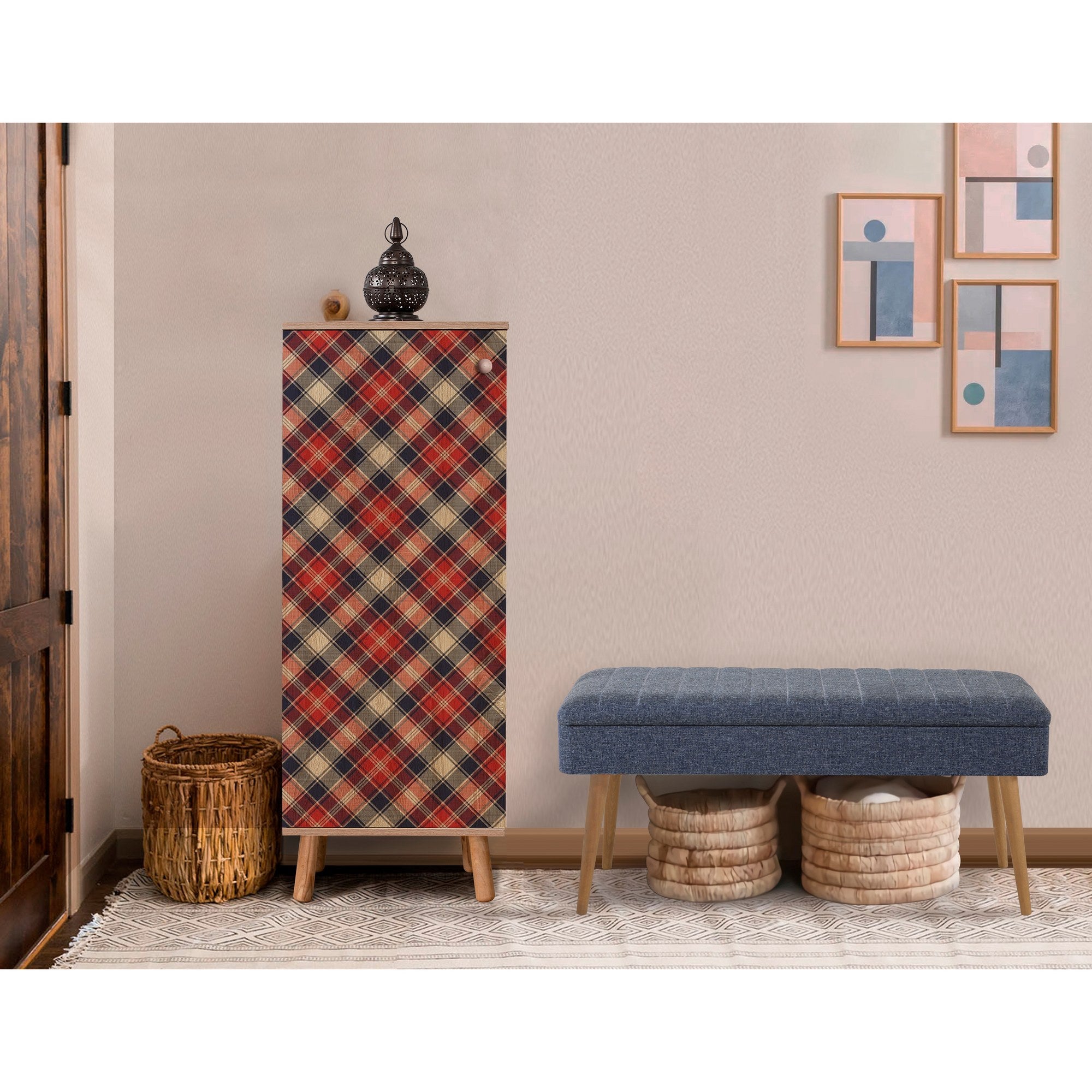 Conjunto de móveis elegantes para corredor, 100% revestido em melamina, pernas de madeira, sapateira (50x135x38 cm) e banco (105x50x40 cm), azul escuro e Sonamo, elegante e funcional