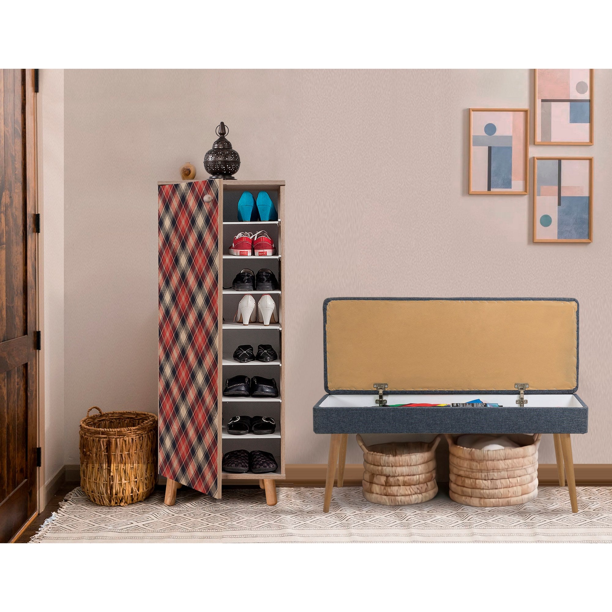 Conjunto de móveis elegantes para corredor, 100% revestido em melamina, pernas de madeira, sapateira (50x135x38 cm) e banco (105x50x40 cm), azul escuro e Sonamo, elegante e funcional