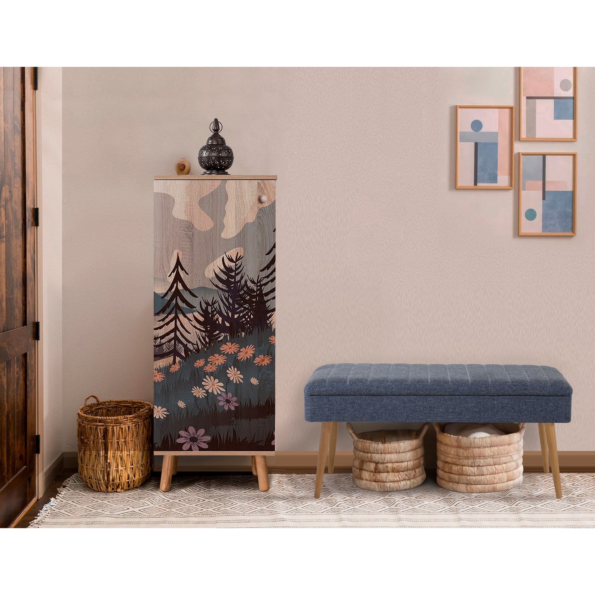 Conjunto de móveis elegantes para corredor, 100% revestido em melamina, pernas de madeira, sapateira (50x135x38 cm) e banco (105x50x40 cm), azul escuro e Sonamo, elegante e funcional