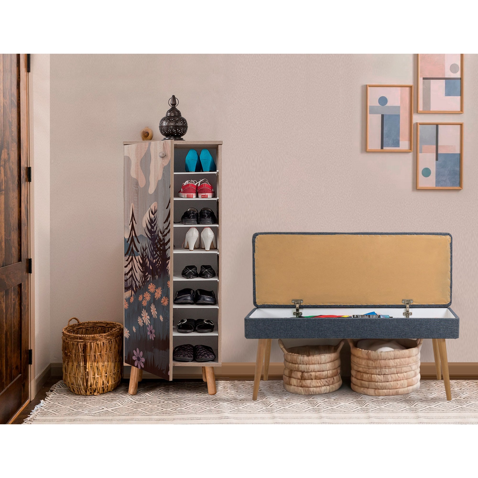 Conjunto de móveis elegantes para corredor, 100% revestido em melamina, pernas de madeira, sapateira (50x135x38 cm) e banco (105x50x40 cm), azul escuro e Sonamo, elegante e funcional