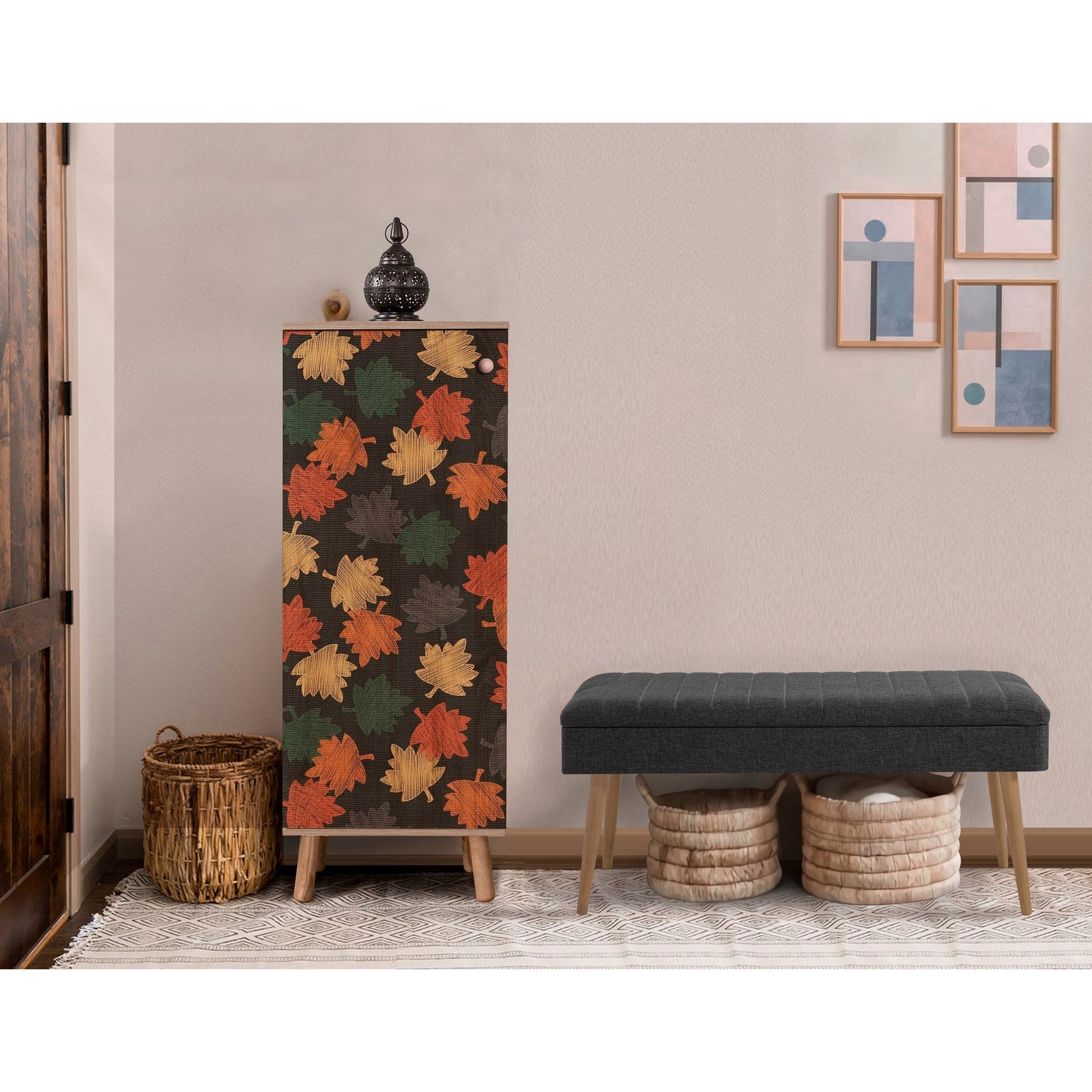 Conjunto de móveis elegantes para corredor, 100% aglomerado revestido em melamina, pernas de madeira, sapateira e banco, Sonomo/Antracite, perfeito para entrada