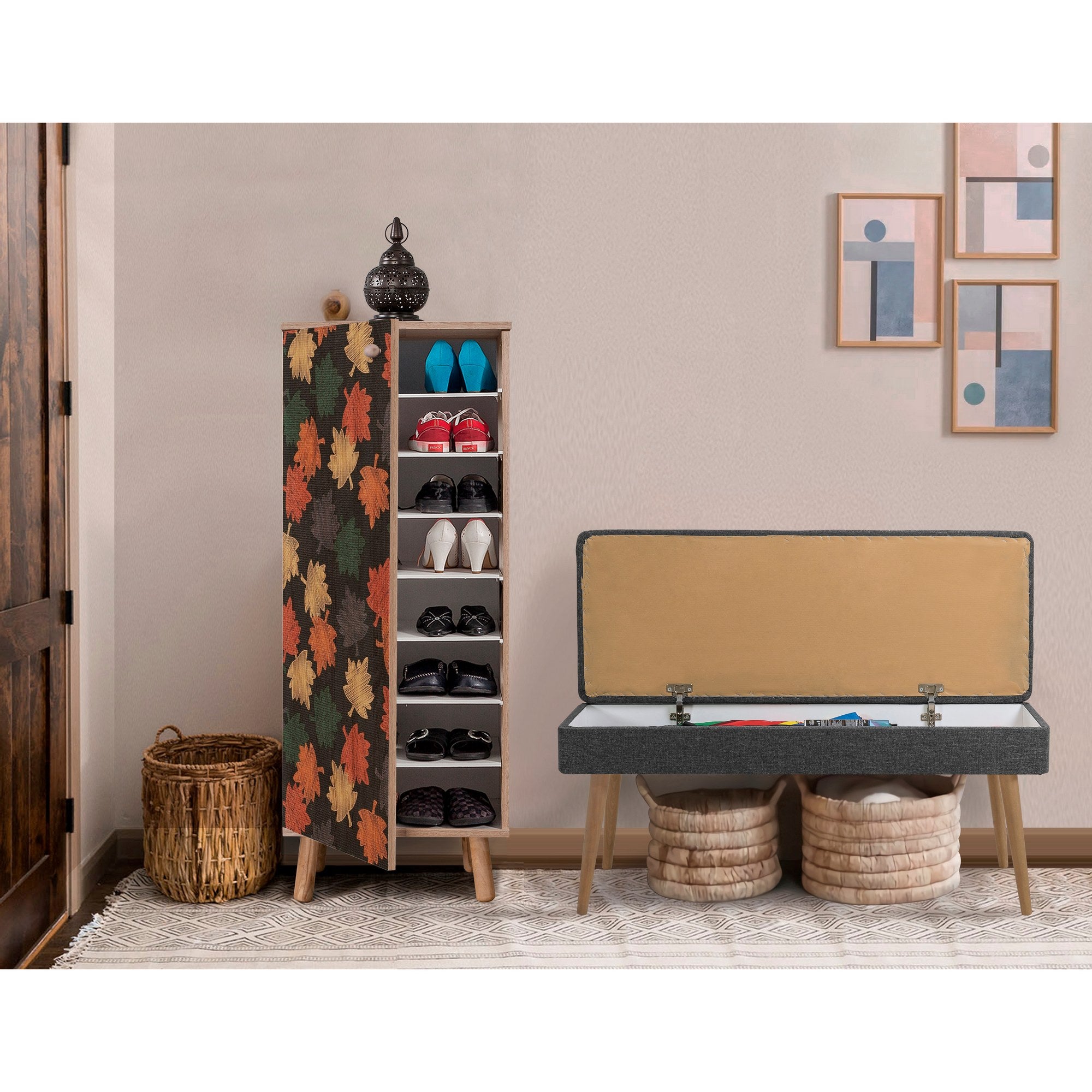 Conjunto de móveis elegantes para corredor, 100% aglomerado revestido em melamina, pernas de madeira, sapateira e banco, Sonomo/Antracite, perfeito para entrada