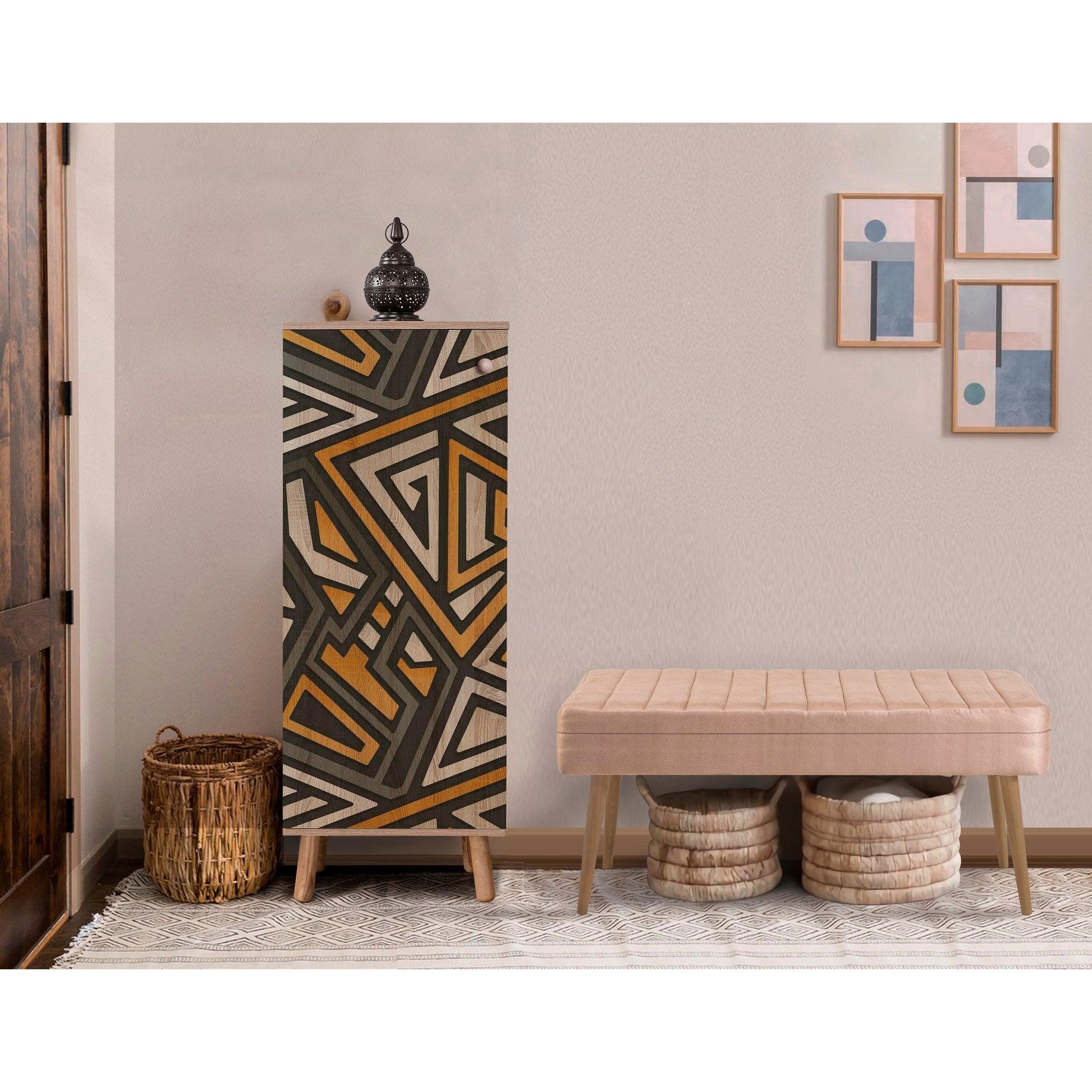 Conjunto elegante de móveis para corredor, 100% aglomerado revestido em melamina, pernas de madeira, banco e sapateira de veludo, cores Sonomo e pedra | Perfeito para entradas