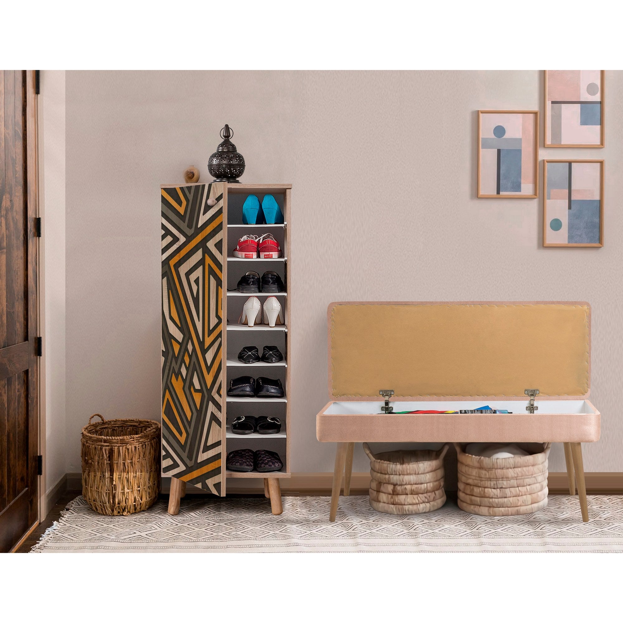 Conjunto elegante de móveis para corredor, 100% aglomerado revestido em melamina, pernas de madeira, banco e sapateira de veludo, cores Sonomo e pedra | Perfeito para entradas