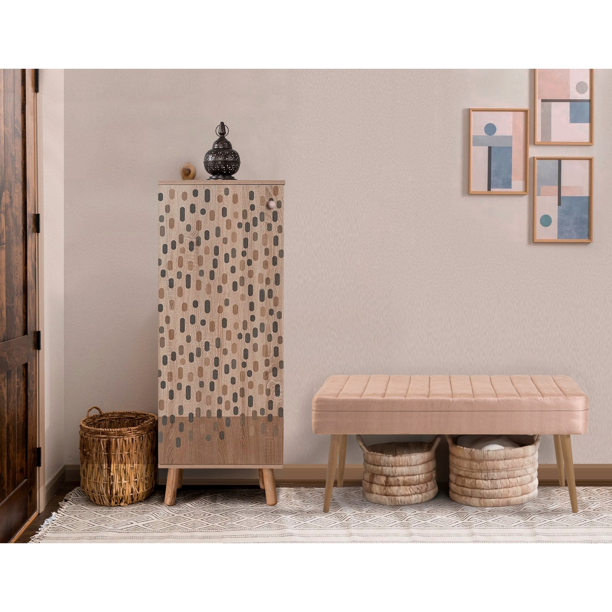 Conjunto elegante de móveis para corredor, 100% aglomerado revestido em melamina, pernas de madeira, banco e sapateira de veludo, cores Sonomo e pedra | Perfeito para entradas