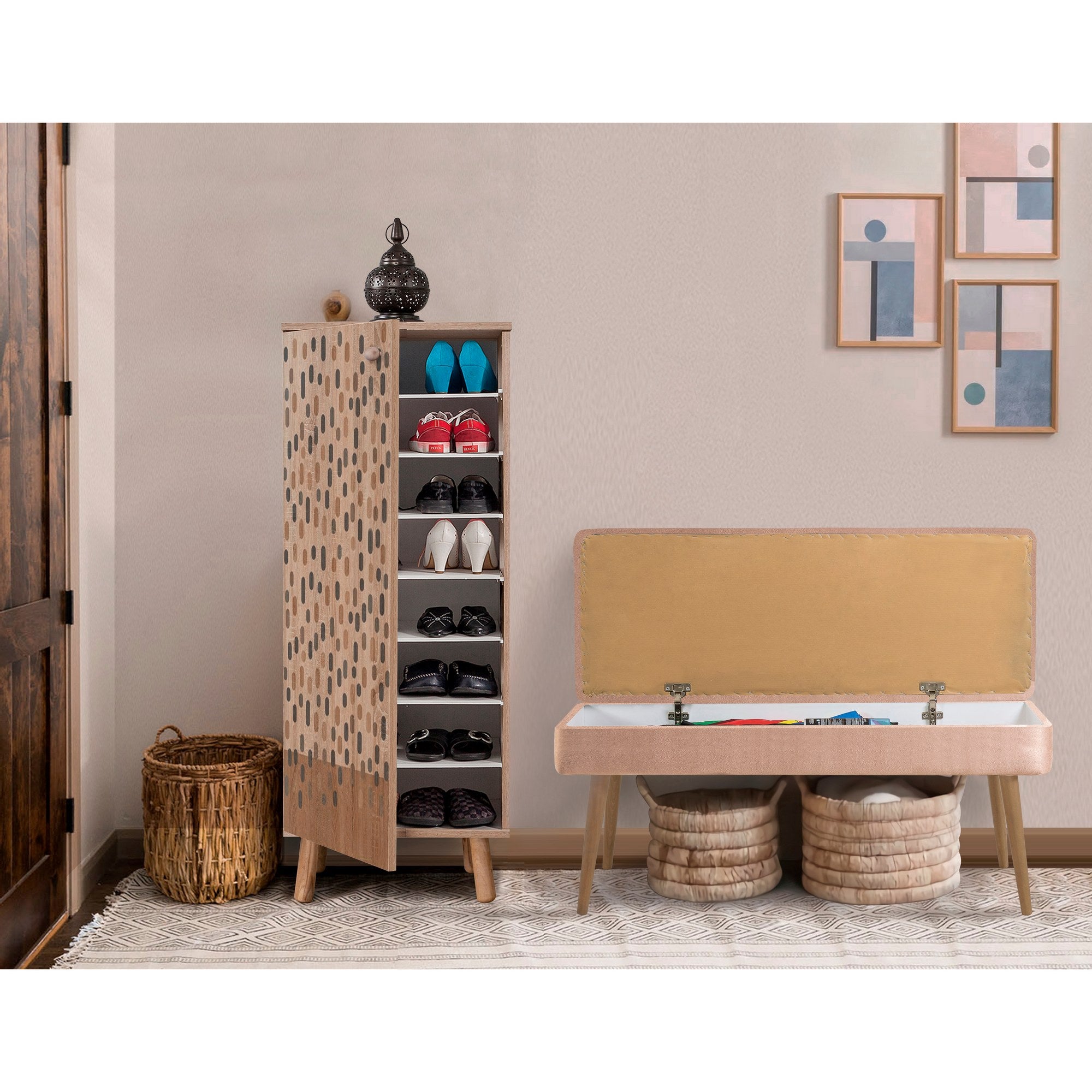 Conjunto elegante de móveis para corredor, 100% aglomerado revestido em melamina, pernas de madeira, banco e sapateira de veludo, cores Sonomo e pedra | Perfeito para entradas
