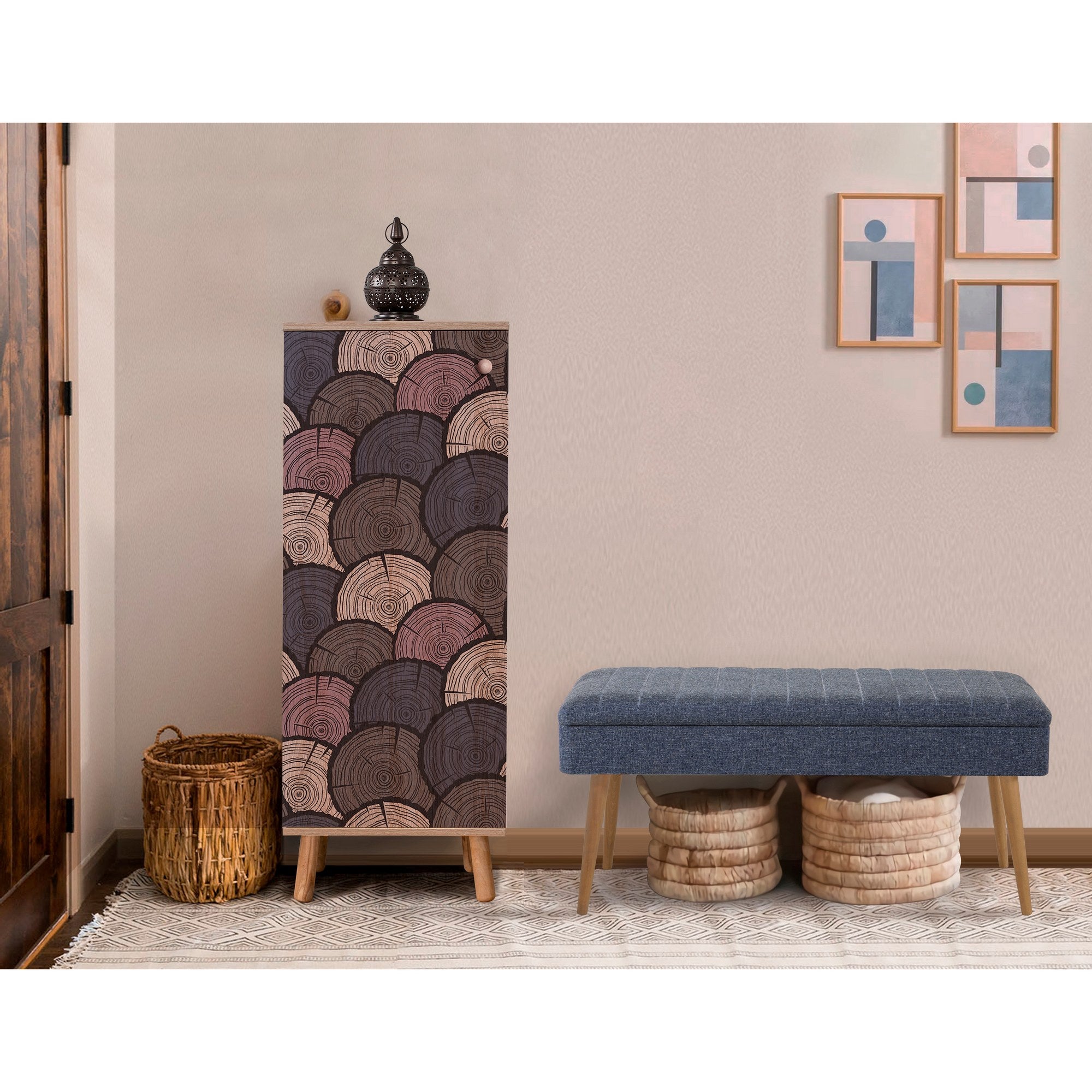 Conjunto de móveis elegantes para corredor, 100% revestido em melamina, pernas de madeira, sapateira (50x135x38 cm) e banco (105x50x40 cm), azul escuro e Sonamo, elegante e funcional