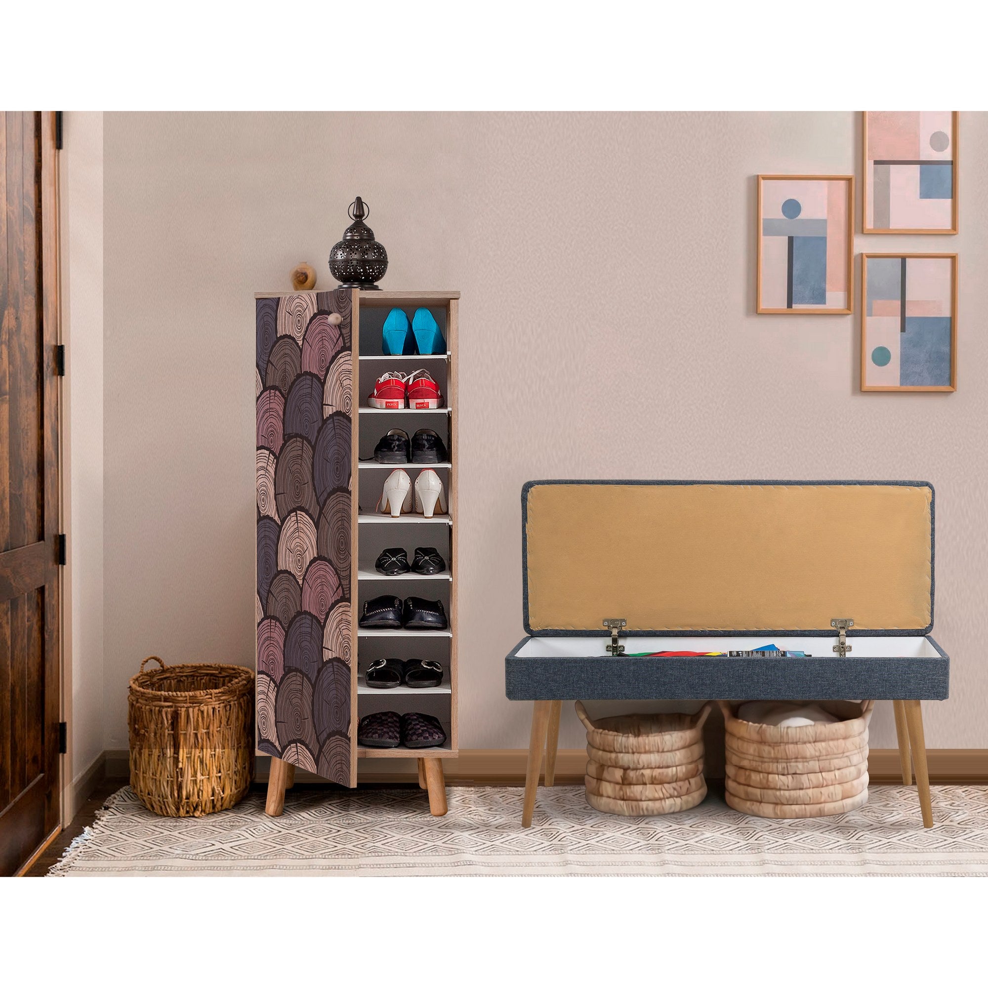 Conjunto de móveis elegantes para corredor, 100% revestido em melamina, pernas de madeira, sapateira (50x135x38 cm) e banco (105x50x40 cm), azul escuro e Sonamo, elegante e funcional
