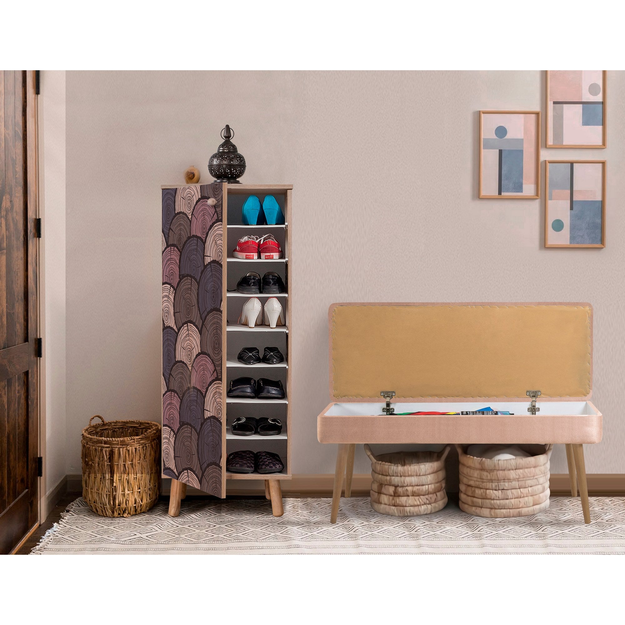 Conjunto elegante de móveis para corredor, 100% aglomerado revestido em melamina, pernas de madeira, banco e sapateira de veludo, cores Sonomo e pedra | Perfeito para entradas