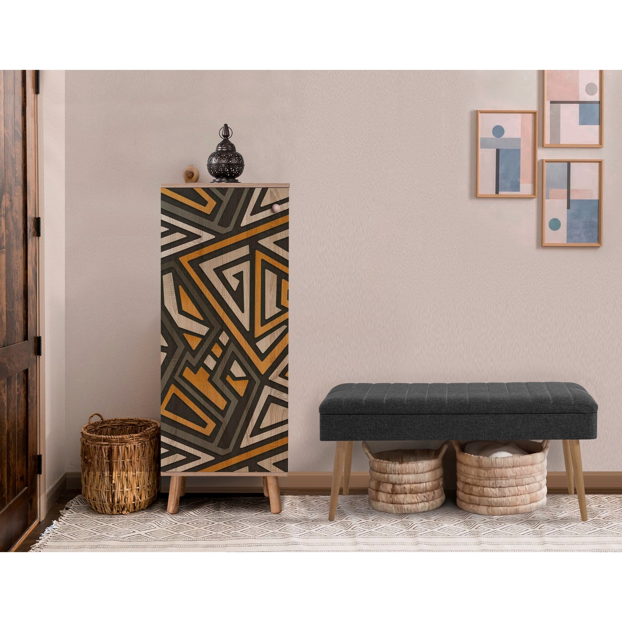 Conjunto de móveis elegantes para corredor, 100% aglomerado revestido em melamina, pernas de madeira, sapateira e banco, Sonomo/Antracite, perfeito para entrada