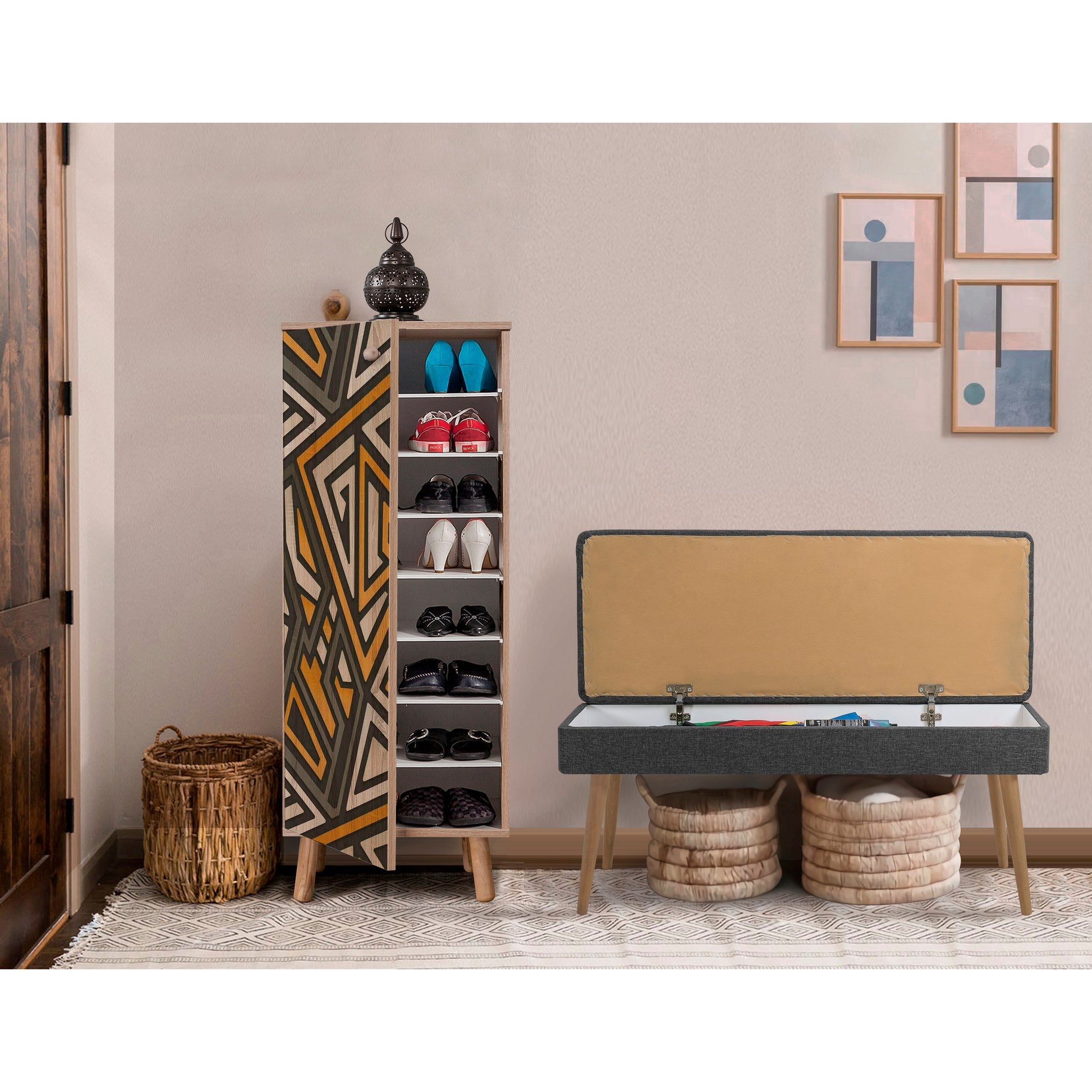 Conjunto de móveis elegantes para corredor, 100% aglomerado revestido em melamina, pernas de madeira, sapateira e banco, Sonomo/Antracite, perfeito para entrada