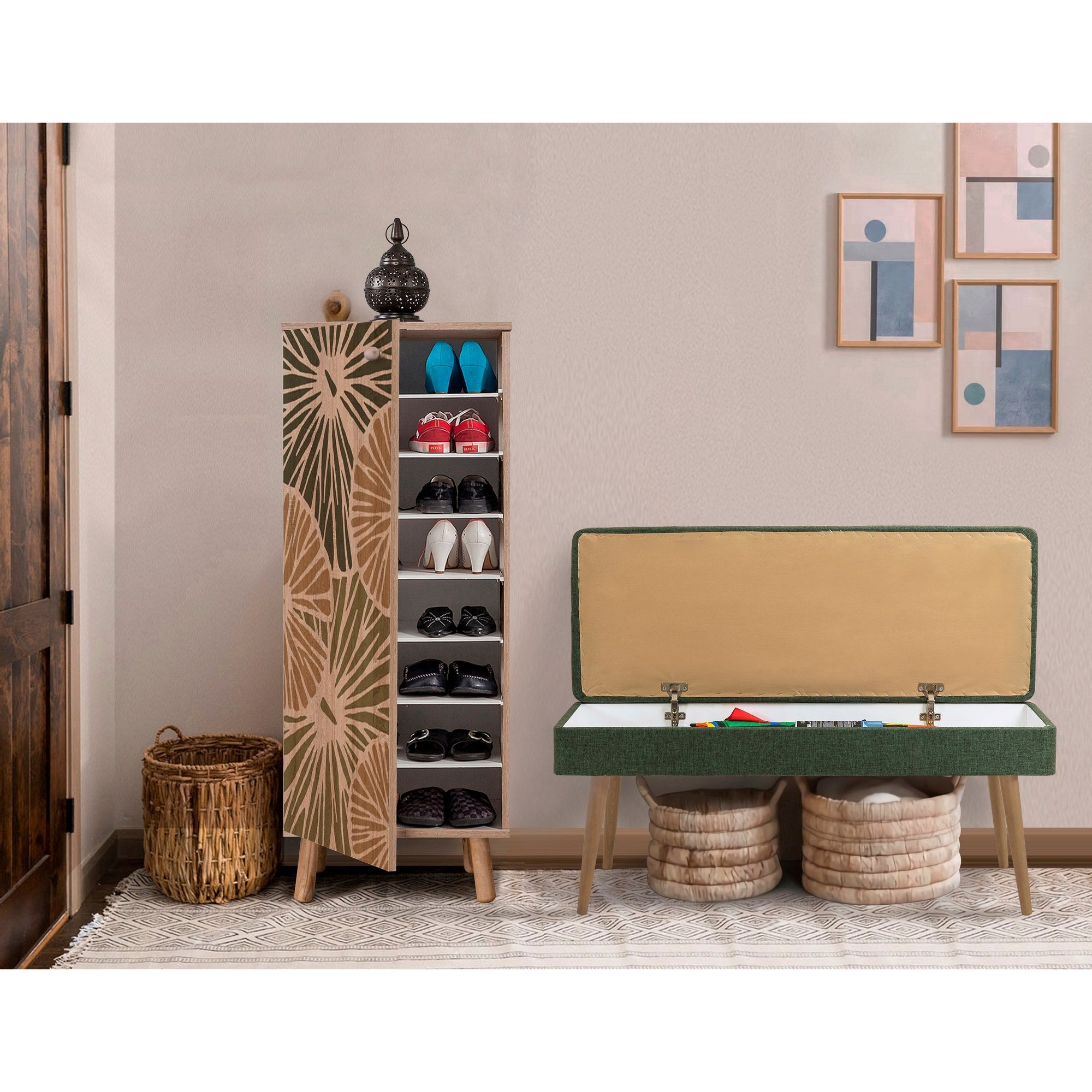 Conjunto de móveis elegantes para corredor, 100% aglomerado revestido em melamina, pernas de madeira | Sapateira (50x135x38 cm) e banco (105x50x40 cm) | Design elegante e ecológico da Sonomo