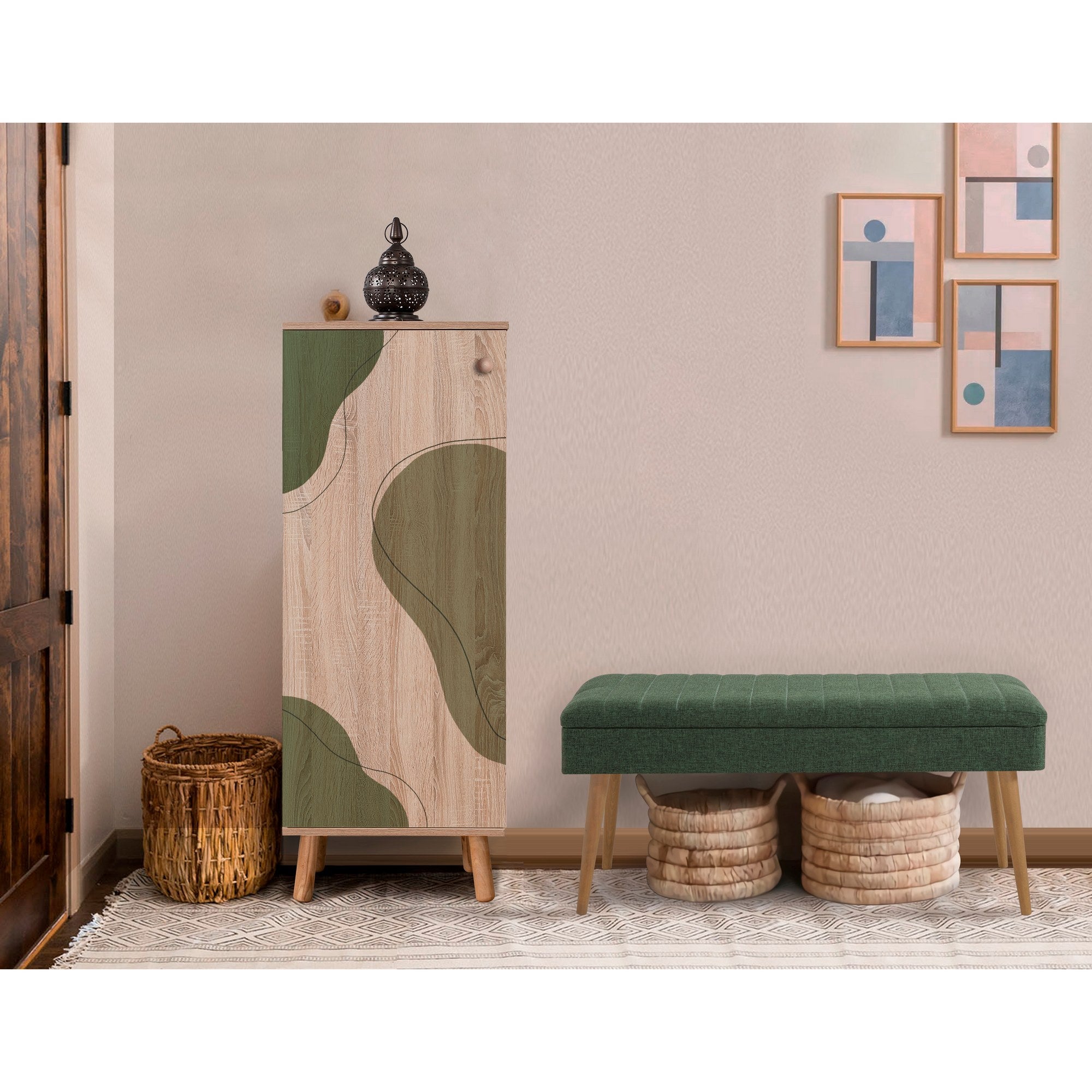 Conjunto de móveis elegantes para corredor, 100% aglomerado revestido em melamina, pernas de madeira | Sapateira (50x135x38 cm) e banco (105x50x40 cm) | Design elegante e ecológico da Sonomo