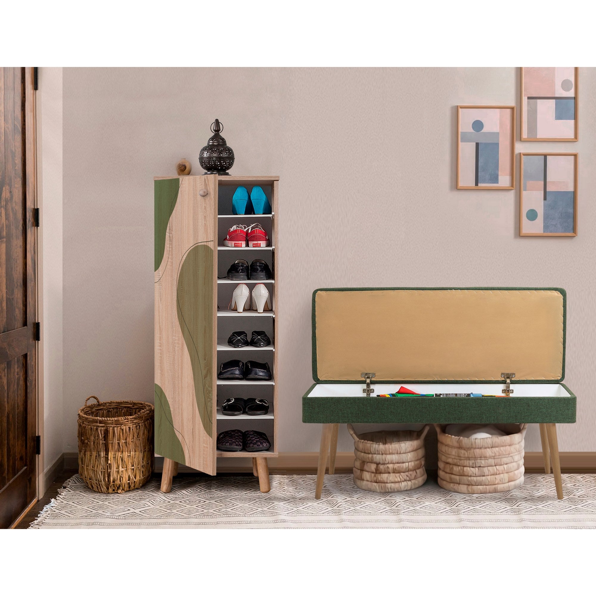 Conjunto de móveis elegantes para corredor, 100% aglomerado revestido em melamina, pernas de madeira | Sapateira (50x135x38 cm) e banco (105x50x40 cm) | Design elegante e ecológico da Sonomo