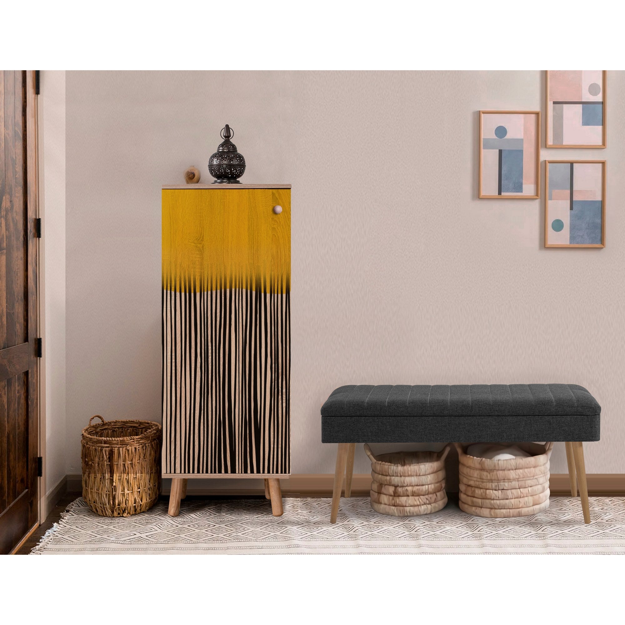 Conjunto de móveis elegantes para corredor, 100% aglomerado revestido em melamina, pernas de madeira, sapateira e banco, Sonomo/Antracite, perfeito para entrada