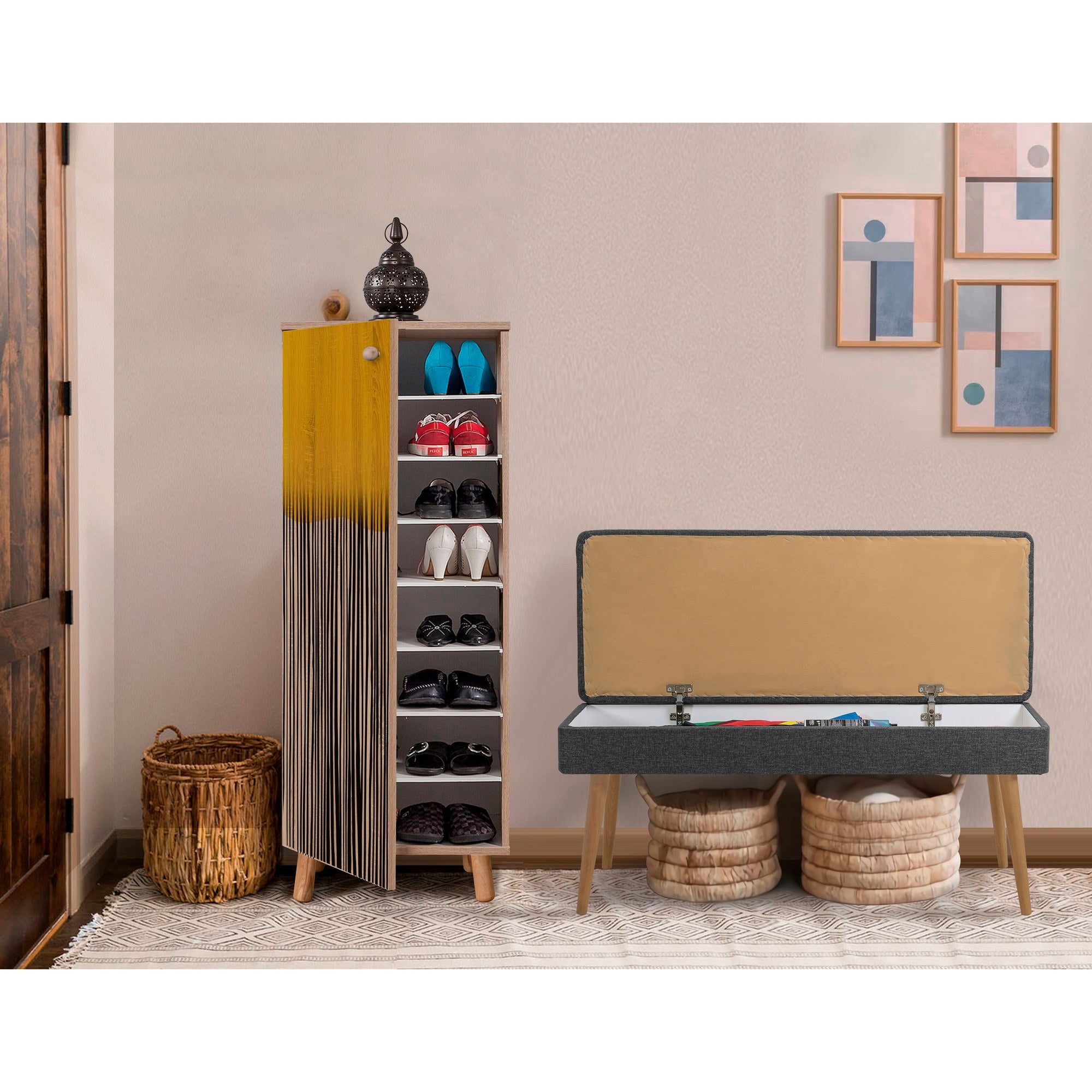 Conjunto de móveis elegantes para corredor, 100% aglomerado revestido em melamina, pernas de madeira, sapateira e banco, Sonomo/Antracite, perfeito para entrada