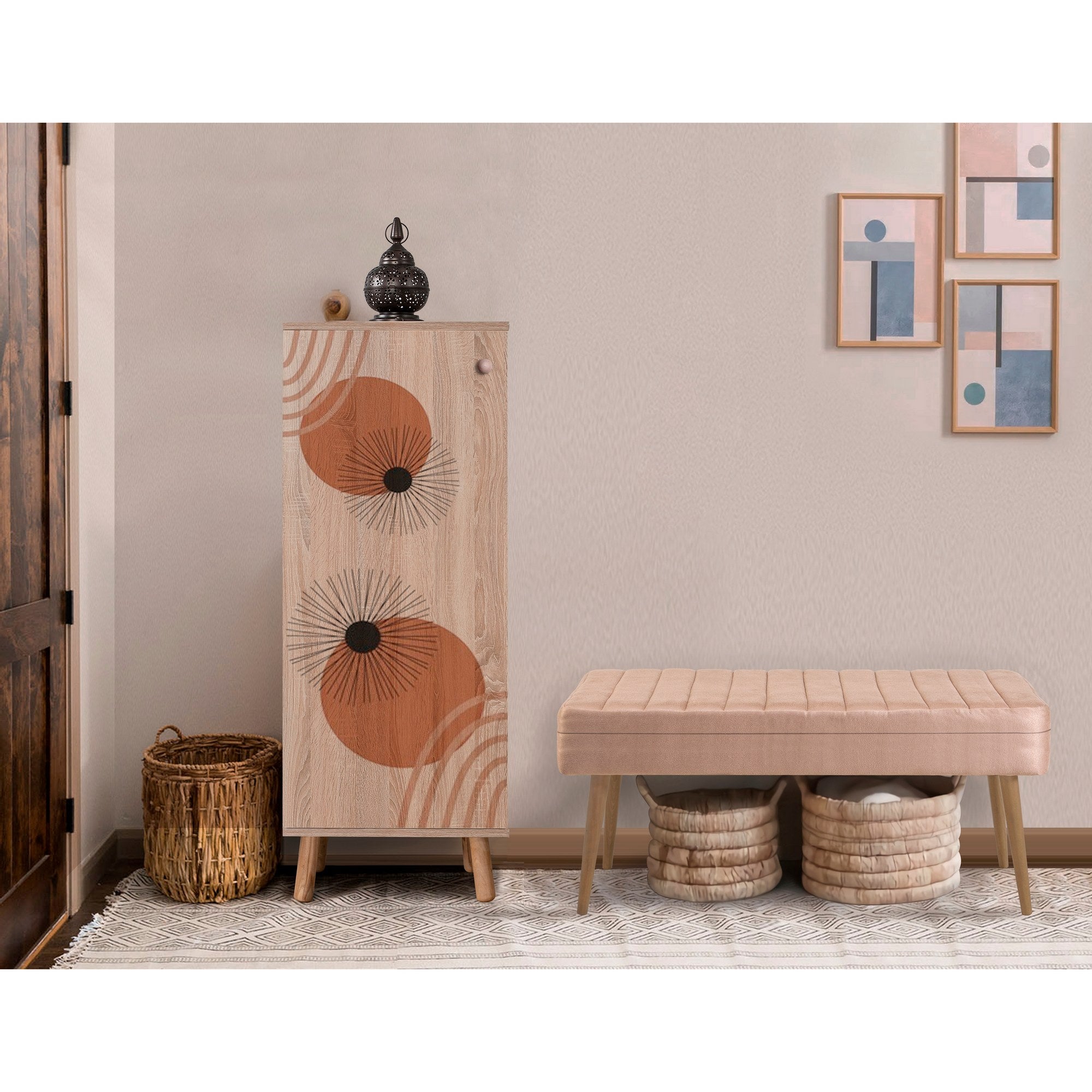 Conjunto elegante de móveis para corredor, 100% aglomerado revestido em melamina, pernas de madeira, banco e sapateira de veludo, cores Sonomo e pedra | Perfeito para entradas
