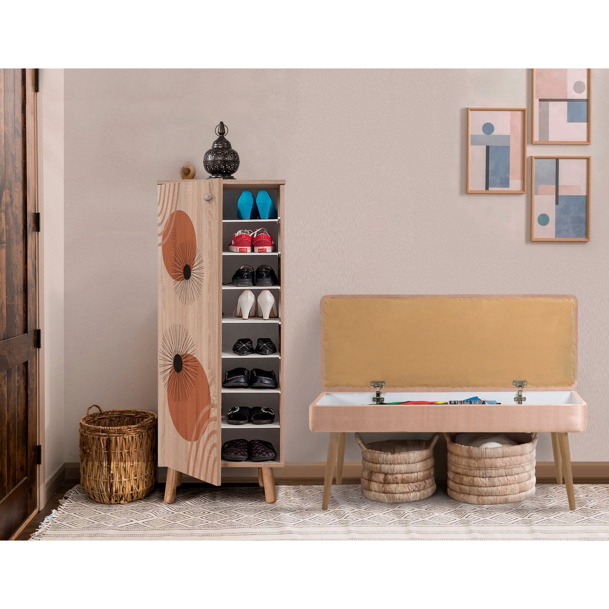Conjunto elegante de móveis para corredor, 100% aglomerado revestido em melamina, pernas de madeira, banco e sapateira de veludo, cores Sonomo e pedra | Perfeito para entradas