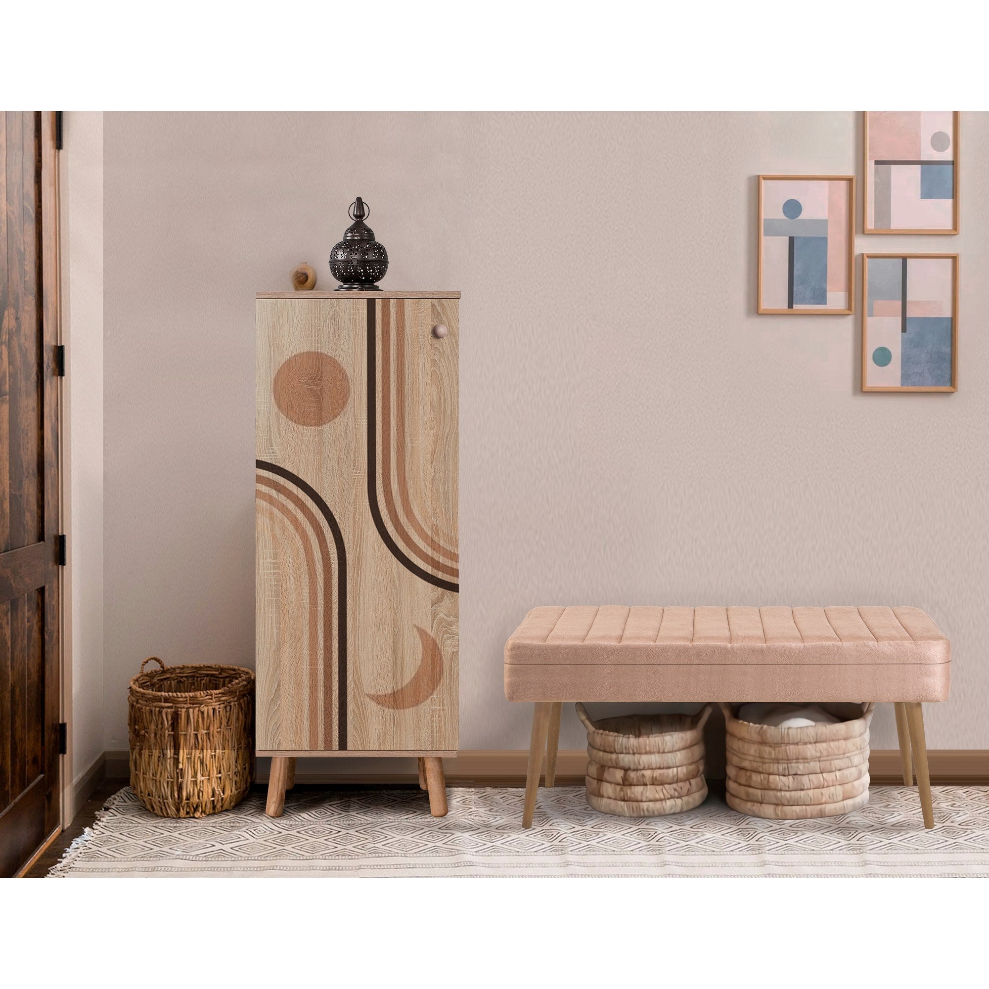 Conjunto elegante de móveis para corredor, 100% aglomerado revestido em melamina, pernas de madeira, banco e sapateira de veludo, cores Sonomo e pedra | Perfeito para entradas