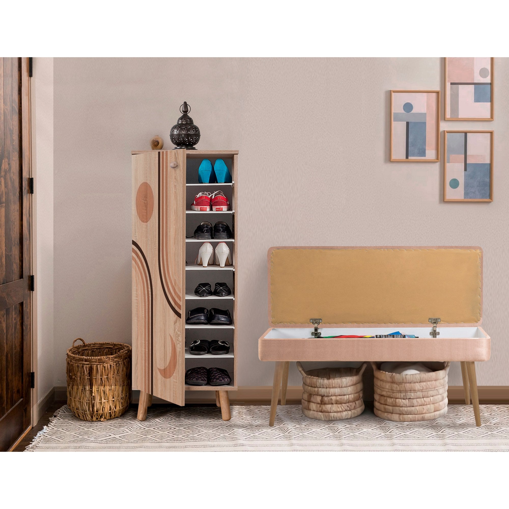 Conjunto elegante de móveis para corredor, 100% aglomerado revestido em melamina, pernas de madeira, banco e sapateira de veludo, cores Sonomo e pedra | Perfeito para entradas