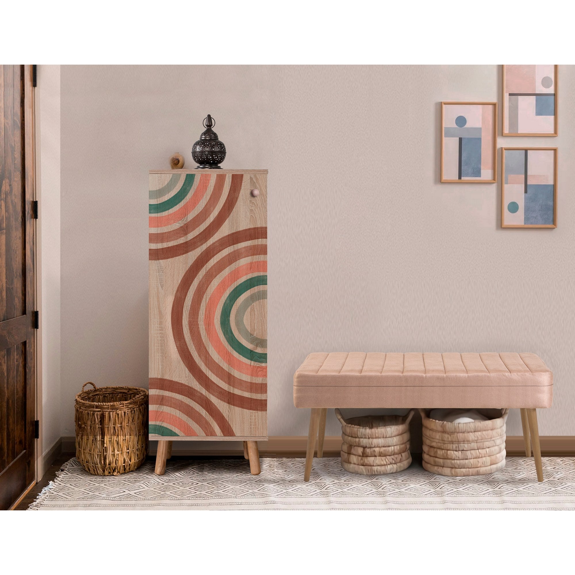 Conjunto elegante de móveis para corredor, 100% aglomerado revestido em melamina, pernas de madeira, banco e sapateira de veludo, cores Sonomo e pedra | Perfeito para entradas