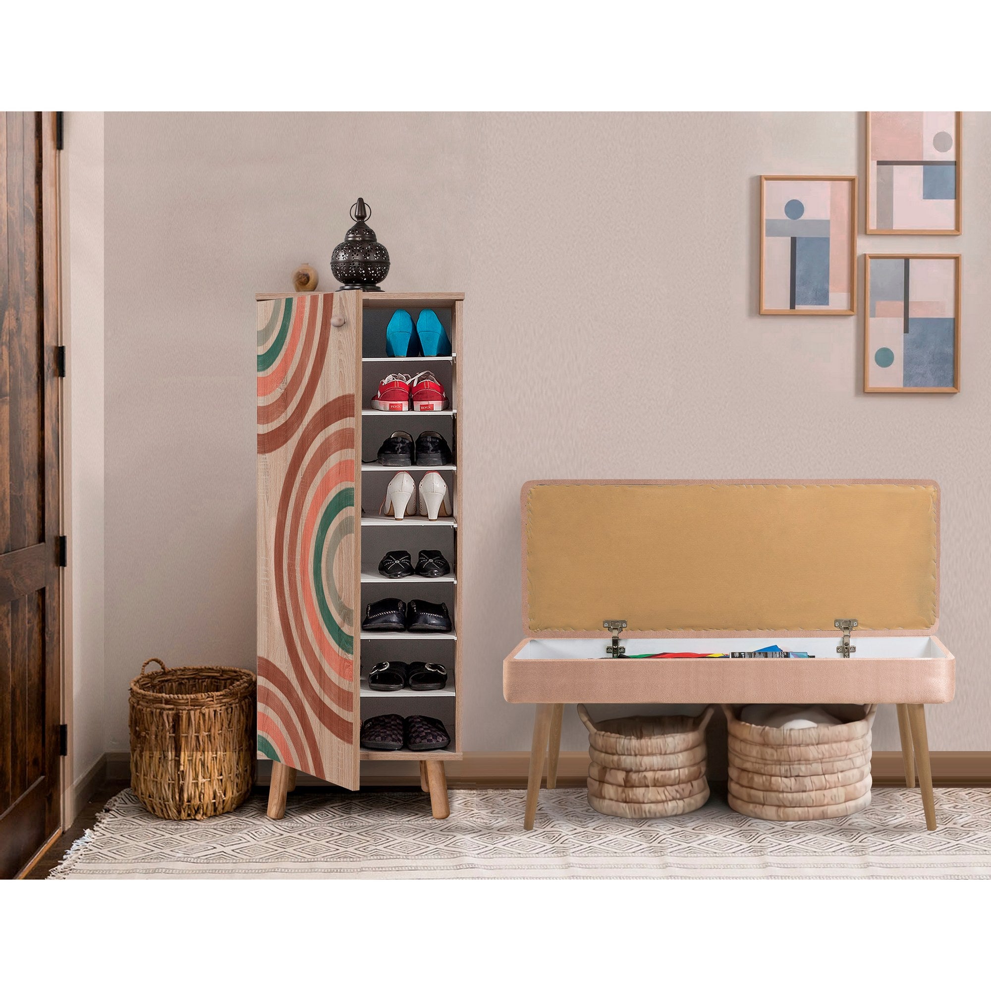 Conjunto elegante de móveis para corredor, 100% aglomerado revestido em melamina, pernas de madeira, banco e sapateira de veludo, cores Sonomo e pedra | Perfeito para entradas