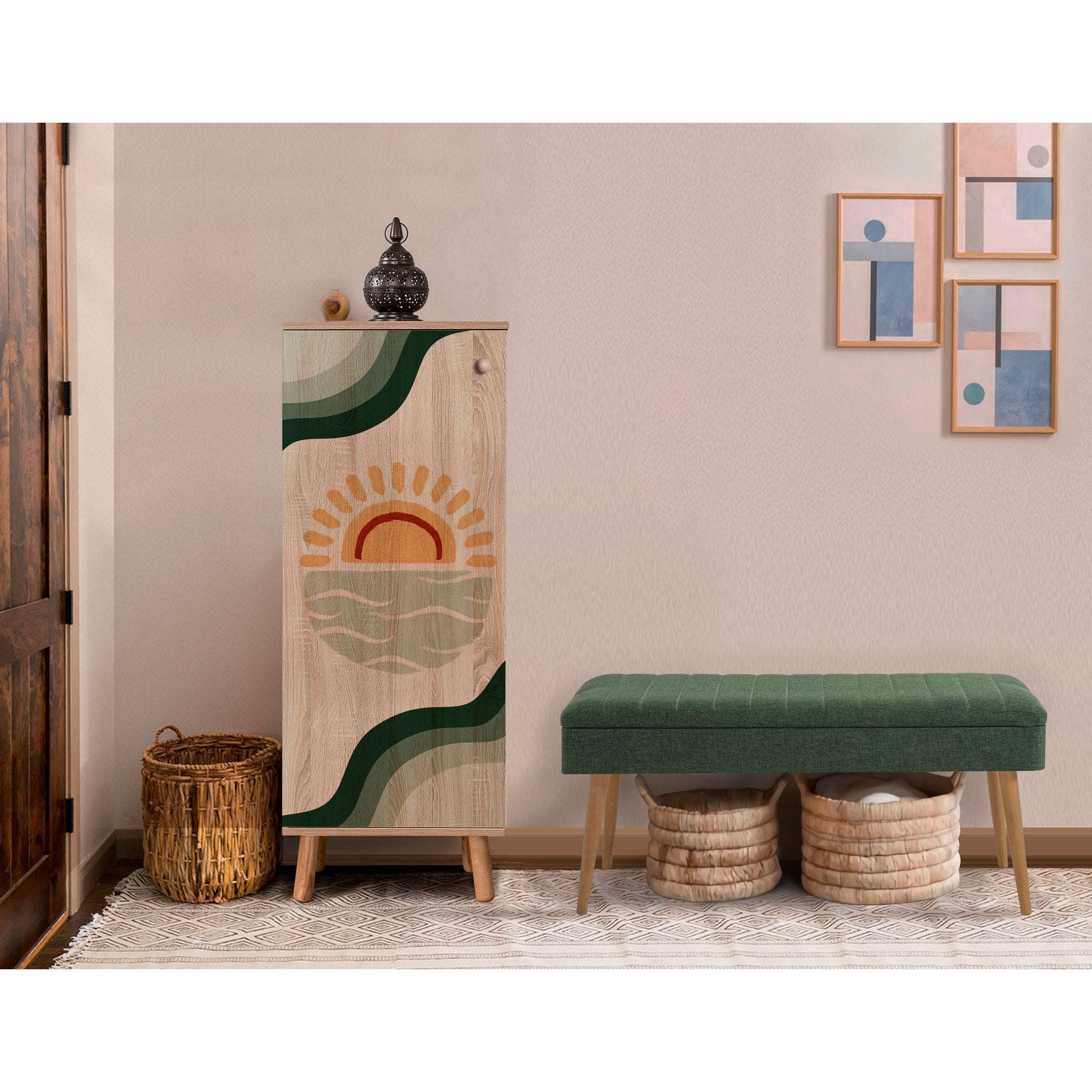 Conjunto de móveis elegantes para corredor, 100% aglomerado revestido em melamina, pernas de madeira | Sapateira (50x135x38 cm) e banco (105x50x40 cm) | Design elegante e ecológico da Sonomo