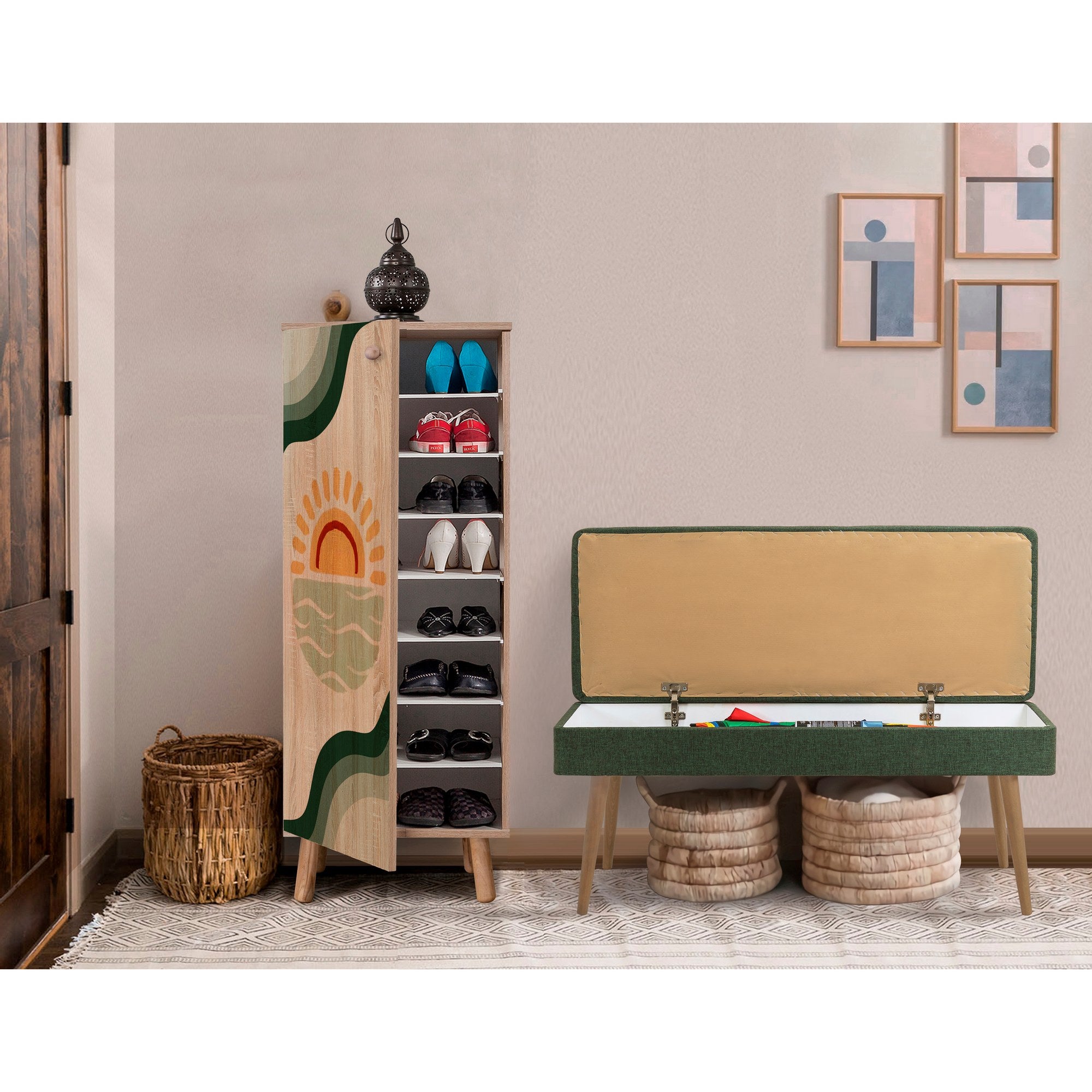 Conjunto de móveis elegantes para corredor, 100% aglomerado revestido em melamina, pernas de madeira | Sapateira (50x135x38 cm) e banco (105x50x40 cm) | Design elegante e ecológico da Sonomo