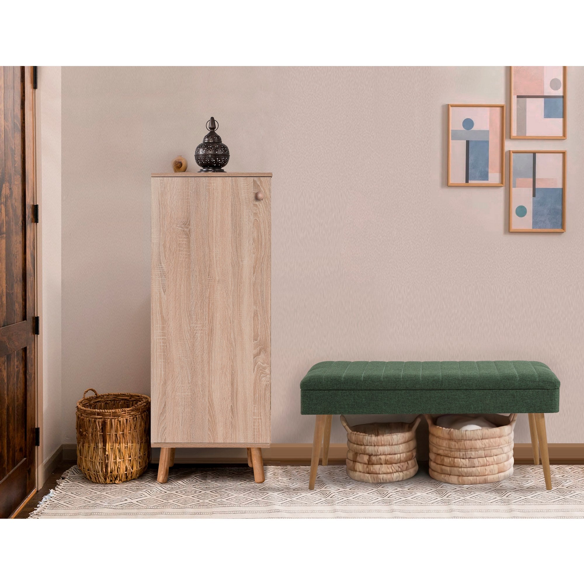 Conjunto de móveis elegantes para corredor, 100% aglomerado revestido em melamina, pernas de madeira | Sapateira (50x135x38 cm) e banco (105x50x40 cm) | Design elegante e ecológico da Sonomo