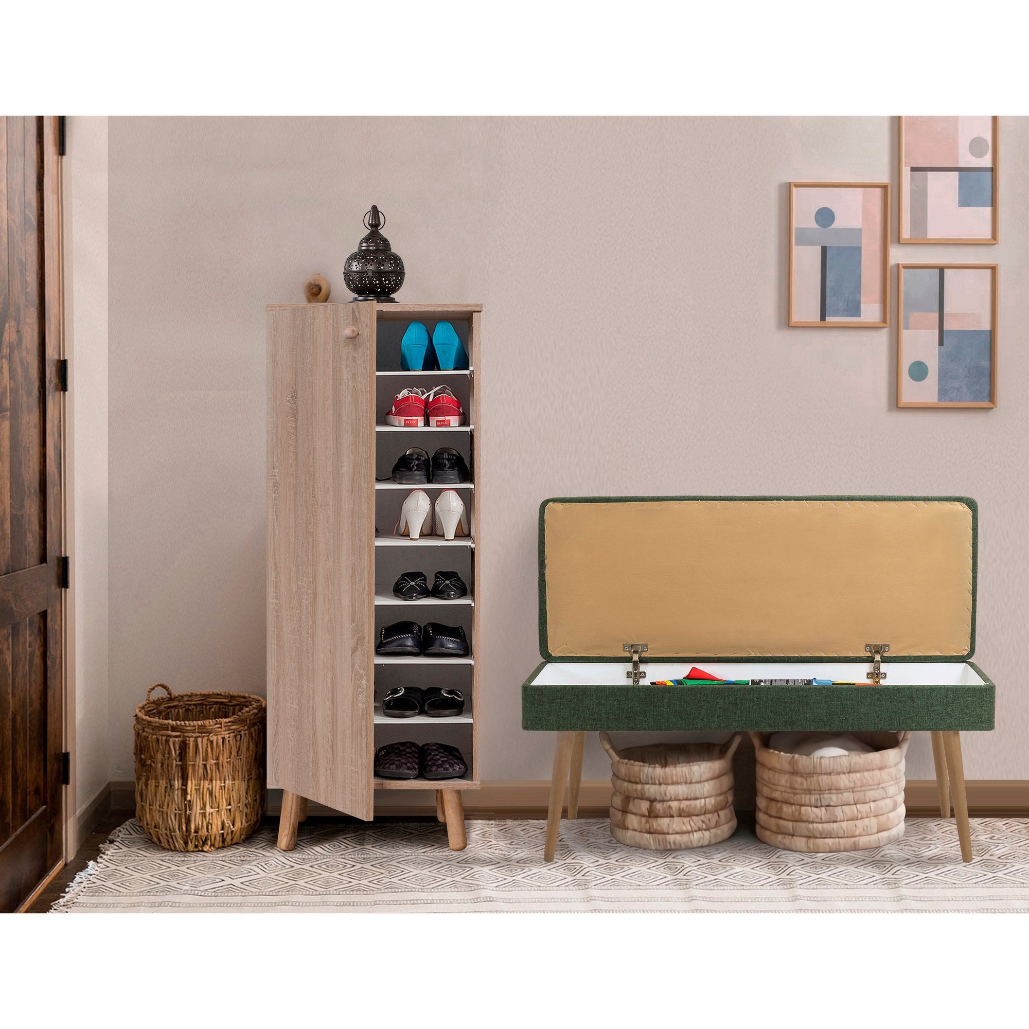 Conjunto de móveis elegantes para corredor, 100% aglomerado revestido em melamina, pernas de madeira | Sapateira (50x135x38 cm) e banco (105x50x40 cm) | Design elegante e ecológico da Sonomo