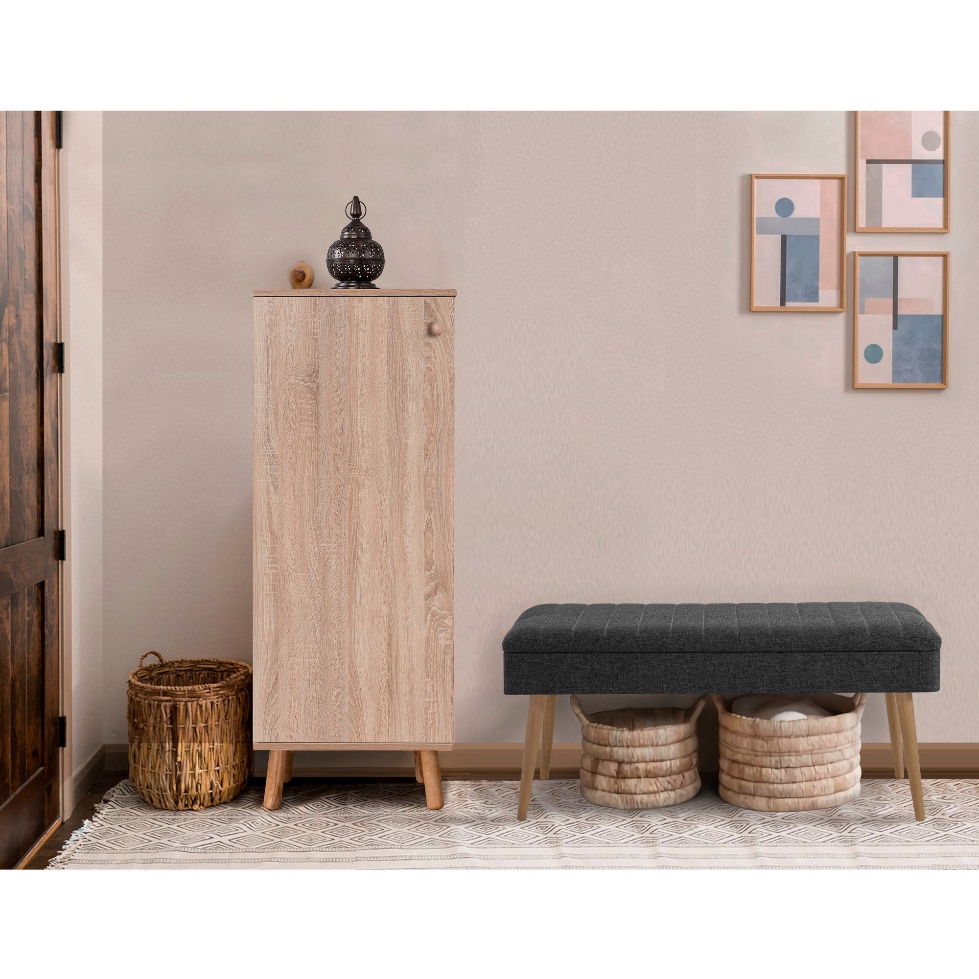 Conjunto de móveis elegantes para corredor, 100% aglomerado revestido em melamina, pernas de madeira, sapateira e banco, Sonomo/Antracite, perfeito para entrada