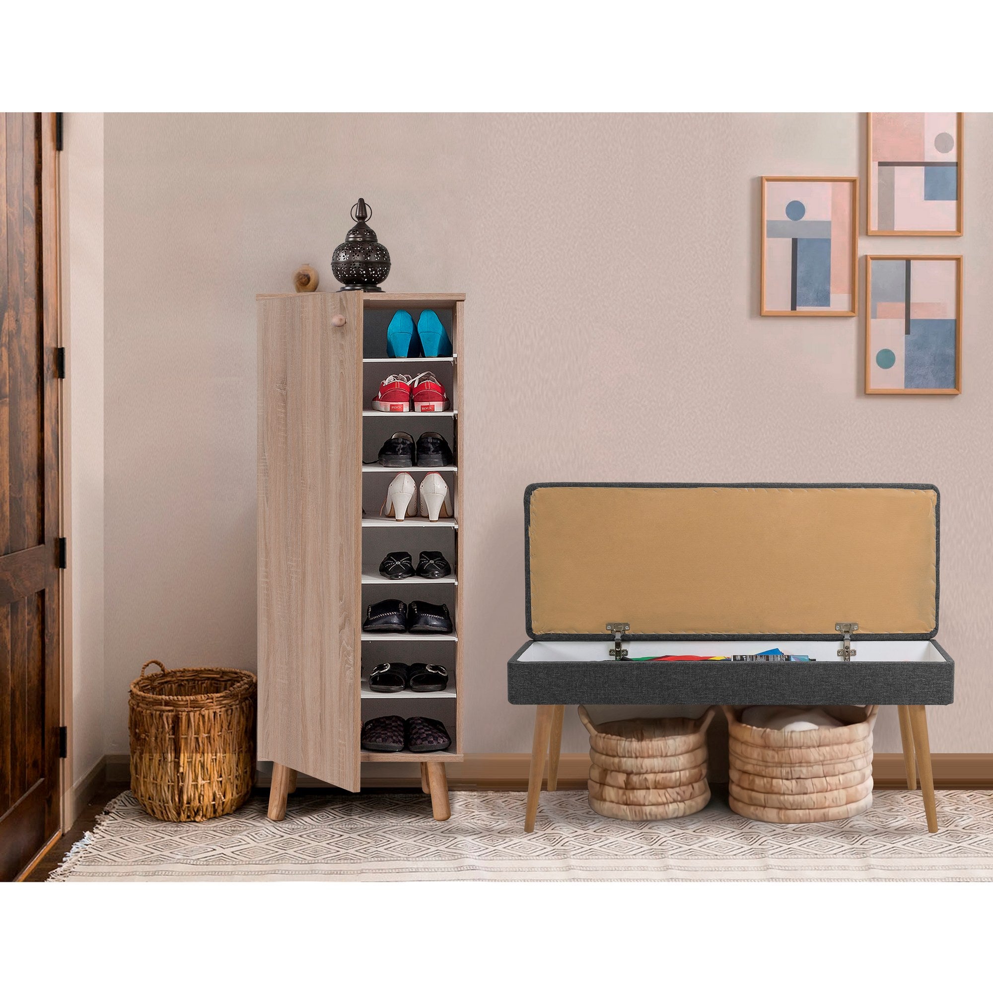 Conjunto de móveis elegantes para corredor, 100% aglomerado revestido em melamina, pernas de madeira, sapateira e banco, Sonomo/Antracite, perfeito para entrada