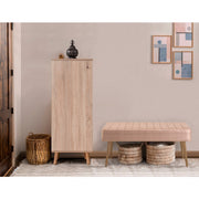 Conjunto elegante de móveis para corredor, 100% aglomerado revestido em melamina, pernas de madeira, banco e sapateira de veludo, cores Sonomo e pedra | Perfeito para entradas
