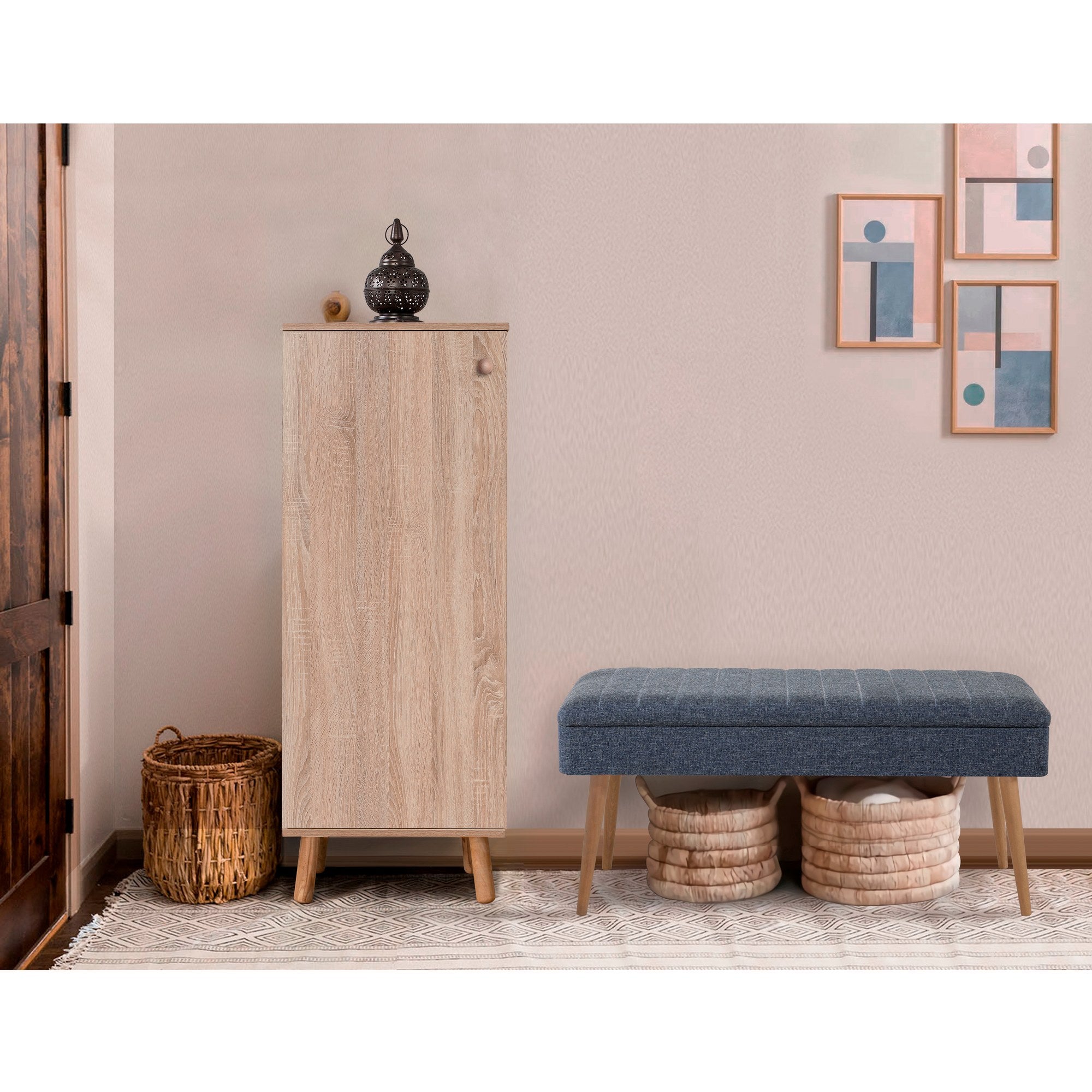 Conjunto de móveis elegantes para corredor, 100% revestido em melamina, pernas de madeira, sapateira (50x135x38 cm) e banco (105x50x40 cm), azul escuro e Sonamo, elegante e funcional