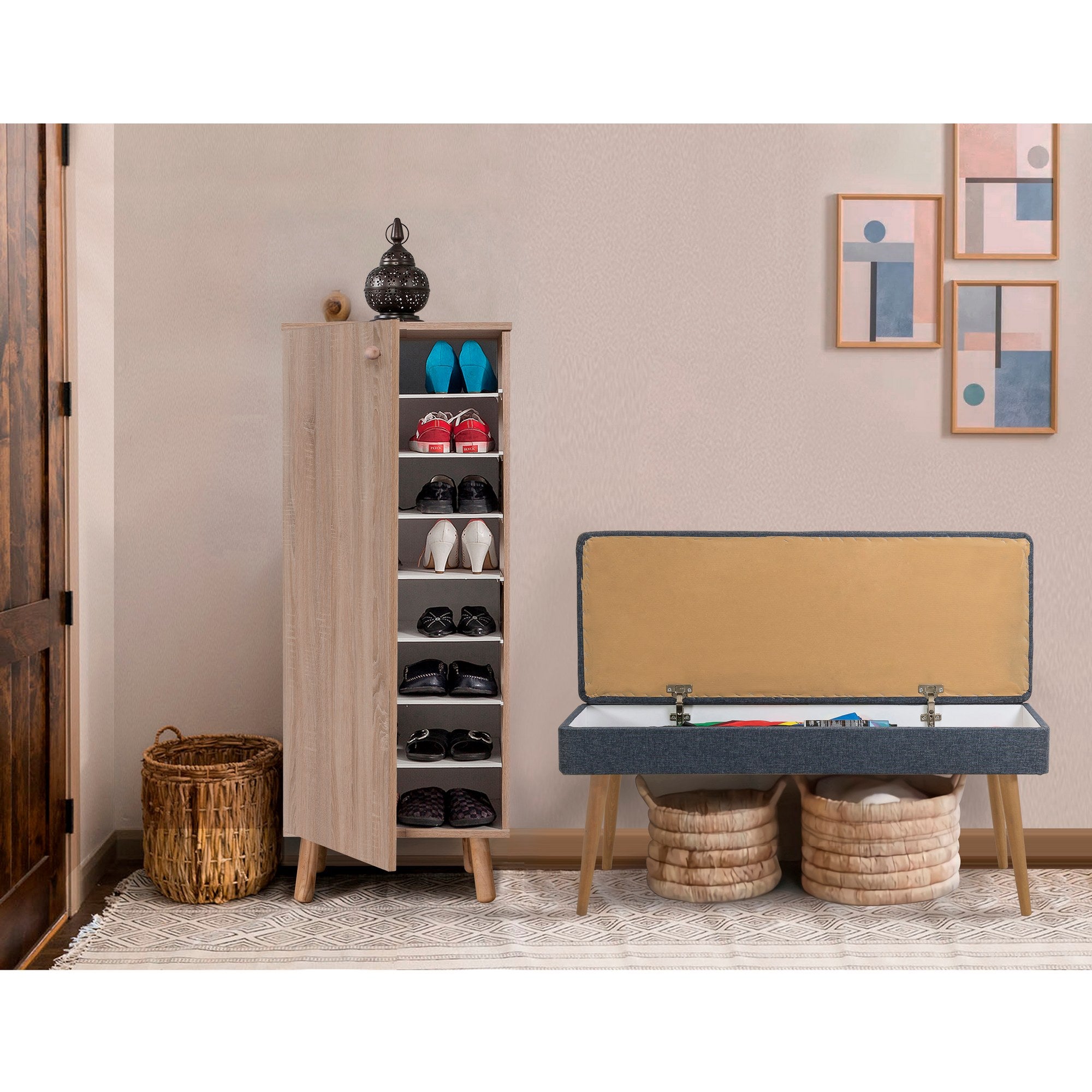 Conjunto de móveis elegantes para corredor, 100% revestido em melamina, pernas de madeira, sapateira (50x135x38 cm) e banco (105x50x40 cm), azul escuro e Sonamo, elegante e funcional