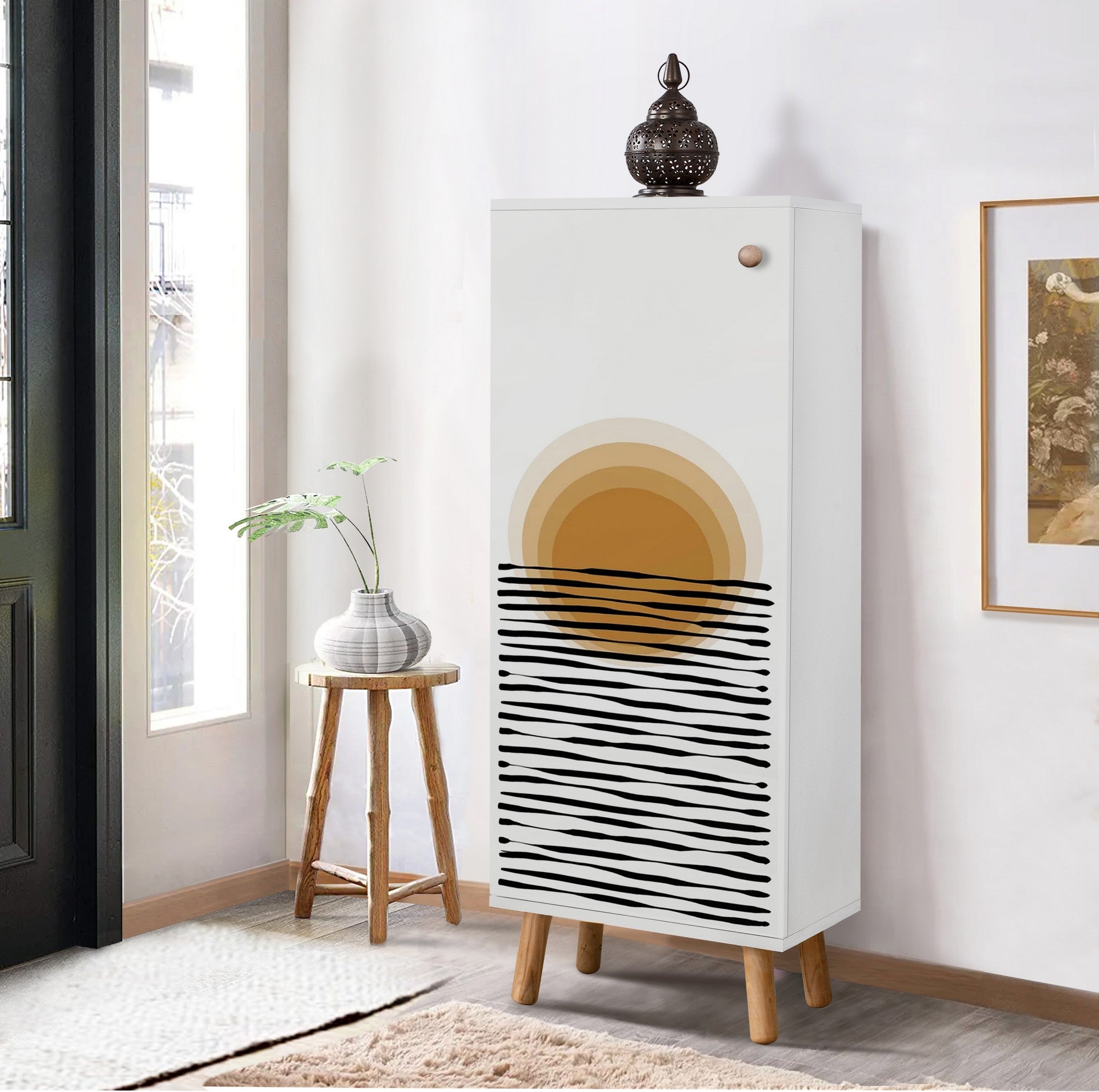 Elegante sapateira branca, 50 cm L x 135 cm A x 38 cm P | 100% aglomerado revestido em melamina, pés e puxadores de madeira maciça | Solução de armazenamento elegante para qualquer entrada