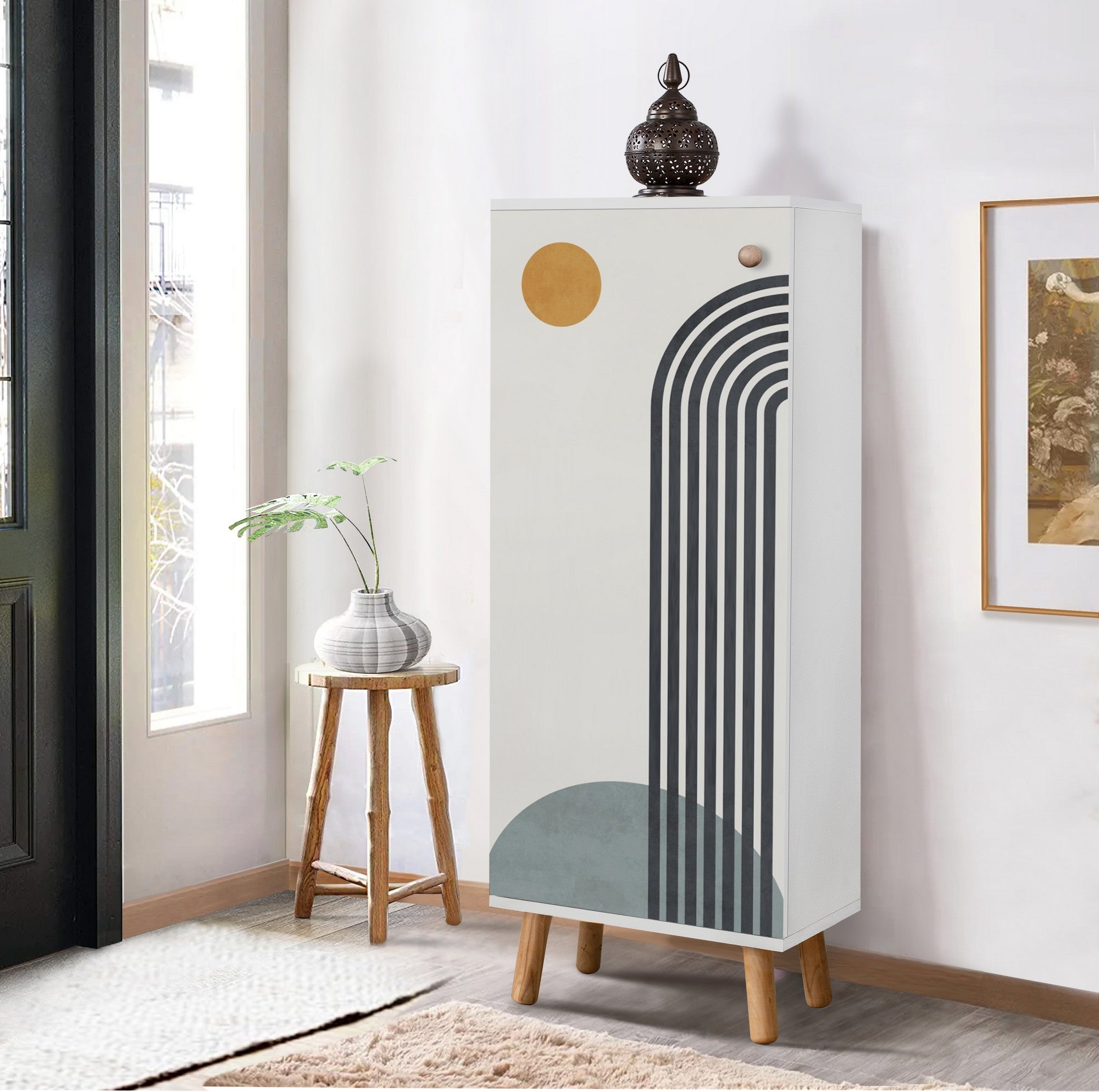 Elegante sapateira branca, 50 cm L x 135 cm A x 38 cm P | 100% aglomerado revestido em melamina, pés e puxadores de madeira maciça | Solução de armazenamento elegante para qualquer entrada
