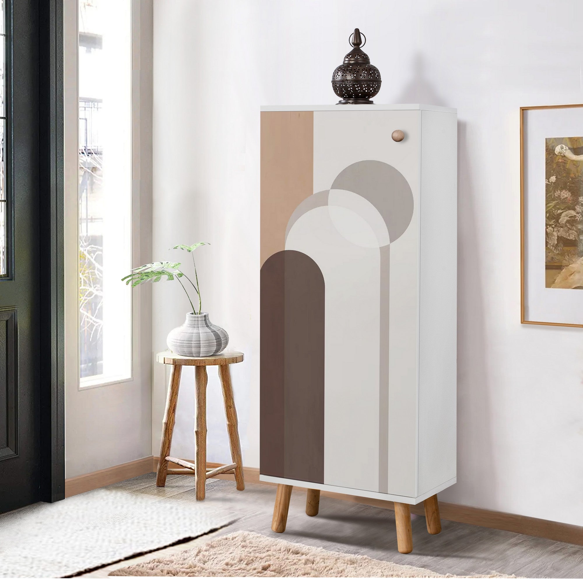Elegante sapateira branca, 50 cm L x 135 cm A x 38 cm P | 100% aglomerado revestido em melamina, pés e puxadores de madeira maciça | Solução de armazenamento elegante para qualquer entrada