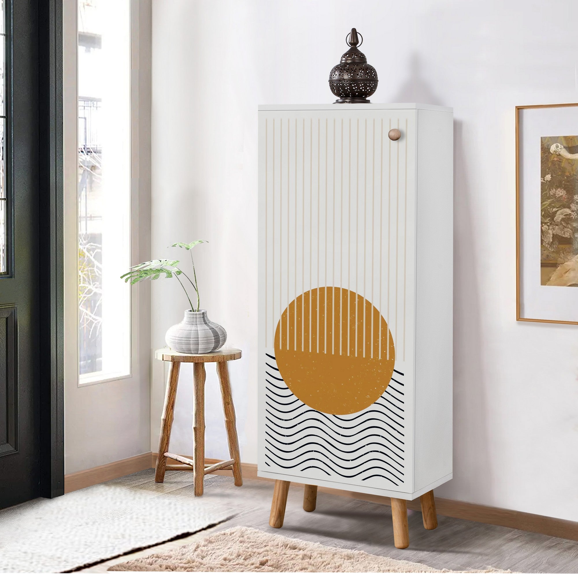 Elegante sapateira branca, 50 cm L x 135 cm A x 38 cm P | 100% aglomerado revestido em melamina, pés e puxadores de madeira maciça | Solução de armazenamento elegante para qualquer entrada