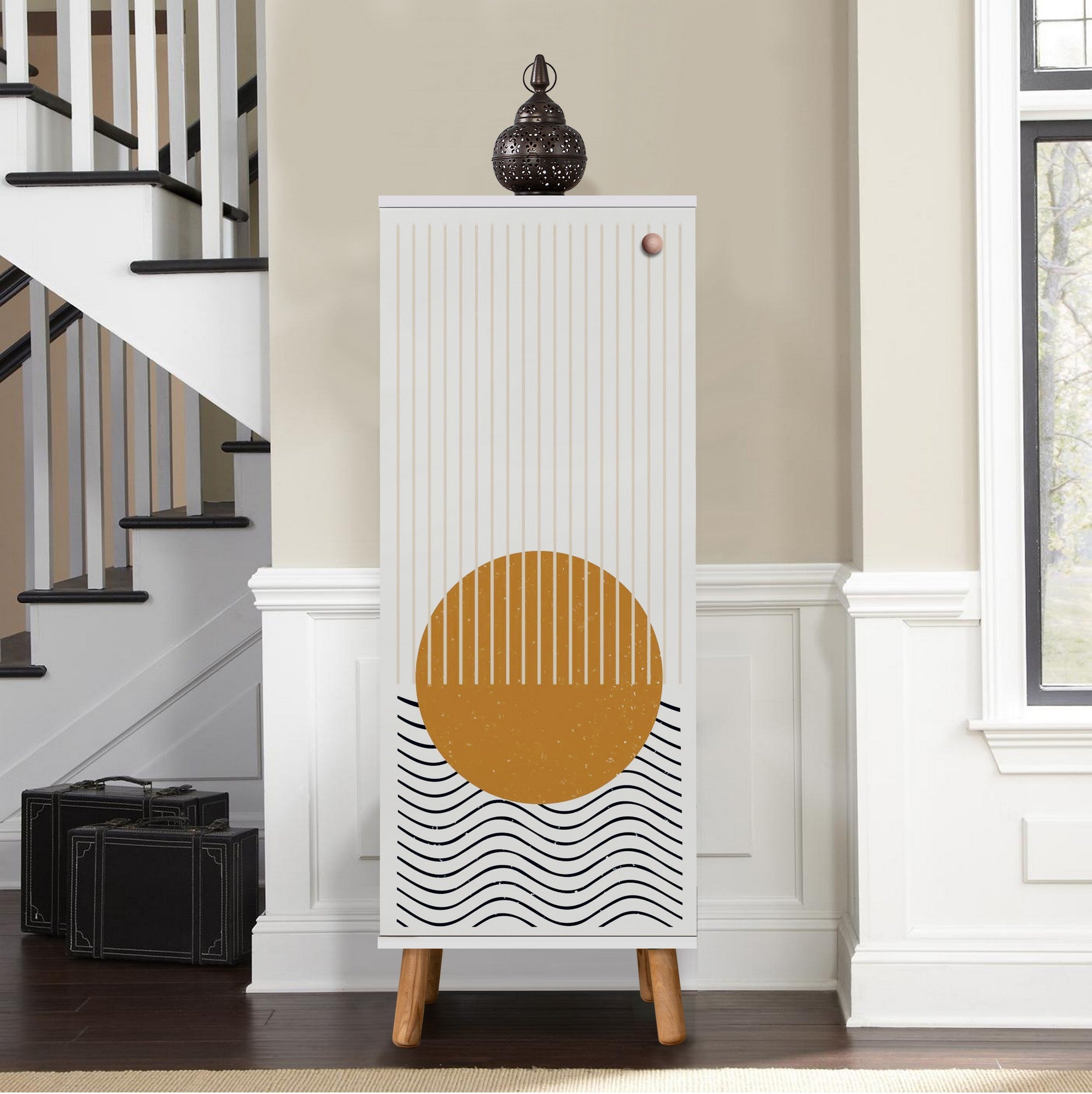 Elegante sapateira branca, 50 cm L x 135 cm A x 38 cm P | 100% aglomerado revestido em melamina, pés e puxadores de madeira maciça | Solução de armazenamento elegante para qualquer entrada