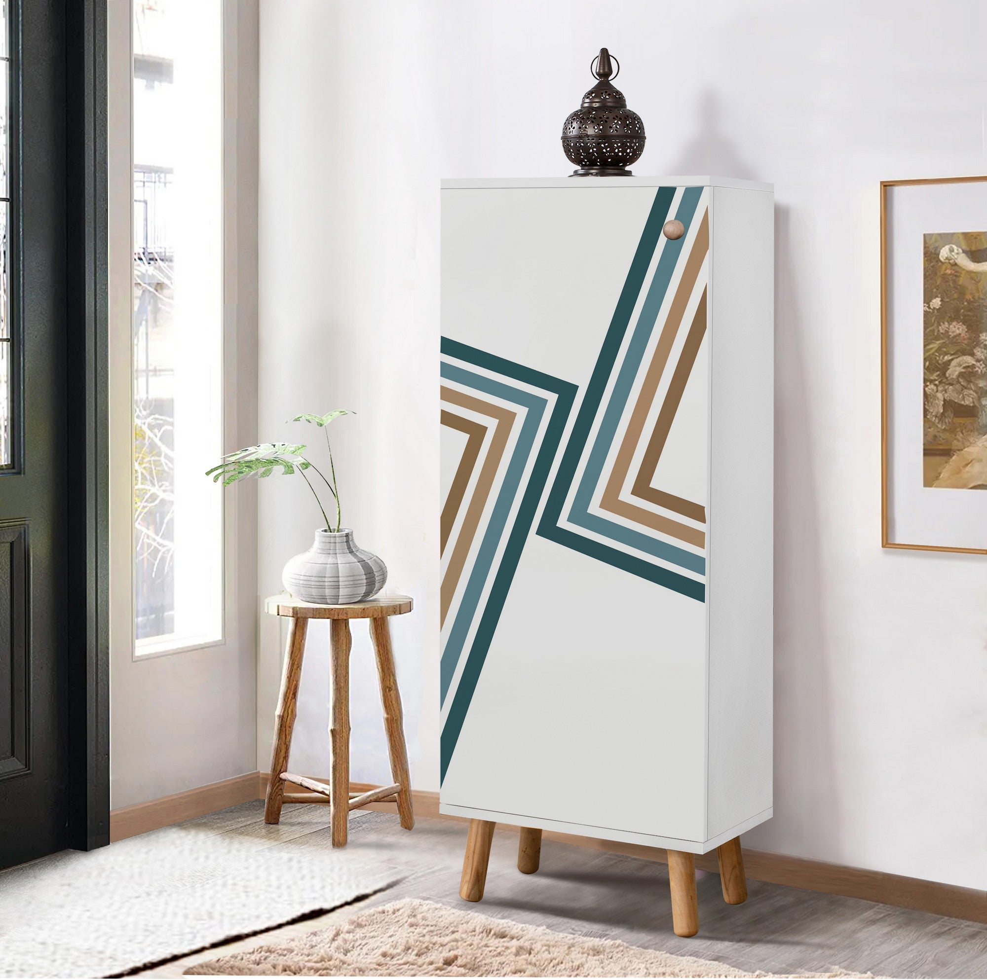 Elegante sapateira branca, 50 cm L x 135 cm A x 38 cm P | 100% aglomerado revestido em melamina, pés e puxadores de madeira maciça | Solução de armazenamento elegante para qualquer entrada